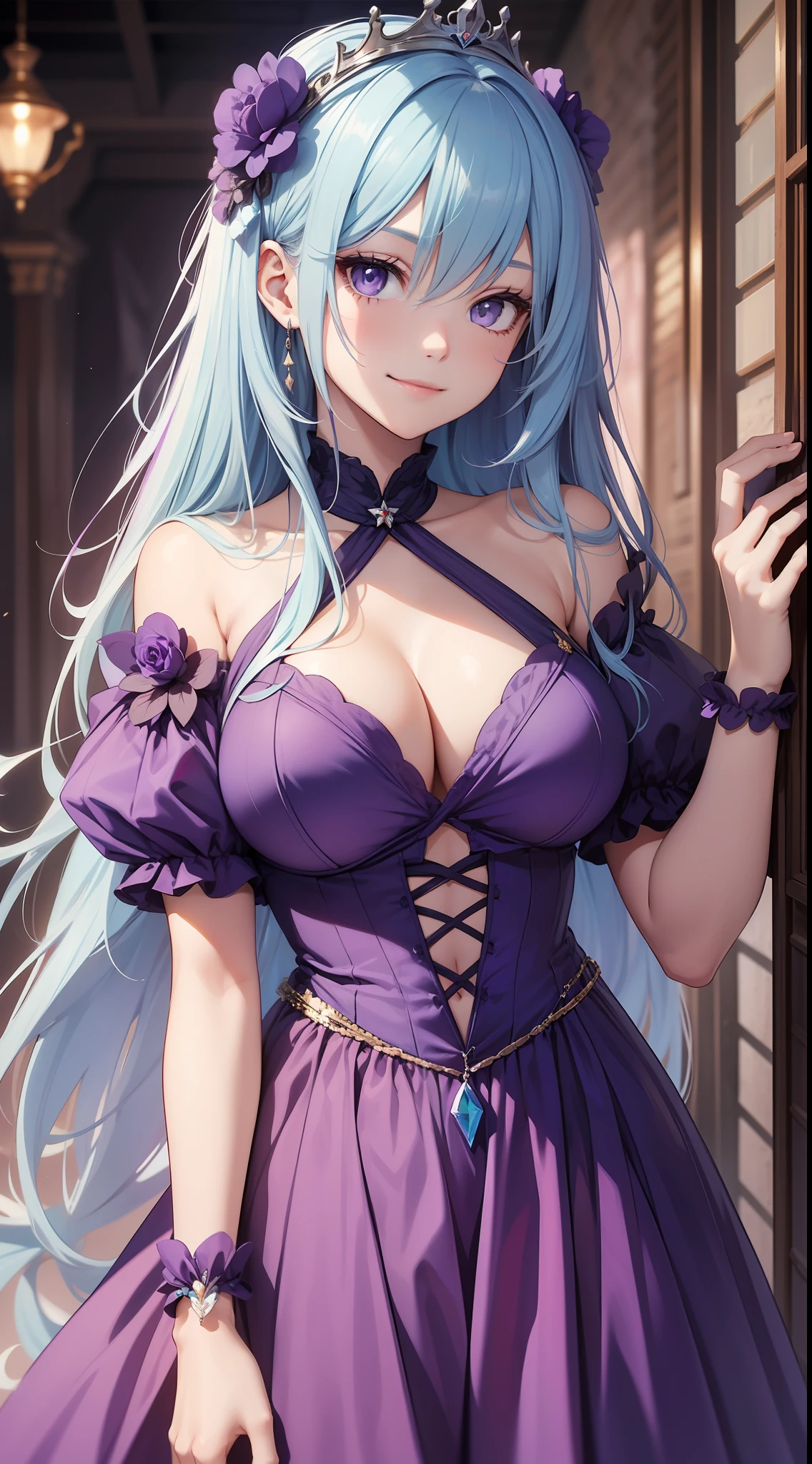 Young girl, long light blue hair, purple eyes, smirk, purple princess dress, chest neckline, masterpiece, high quality