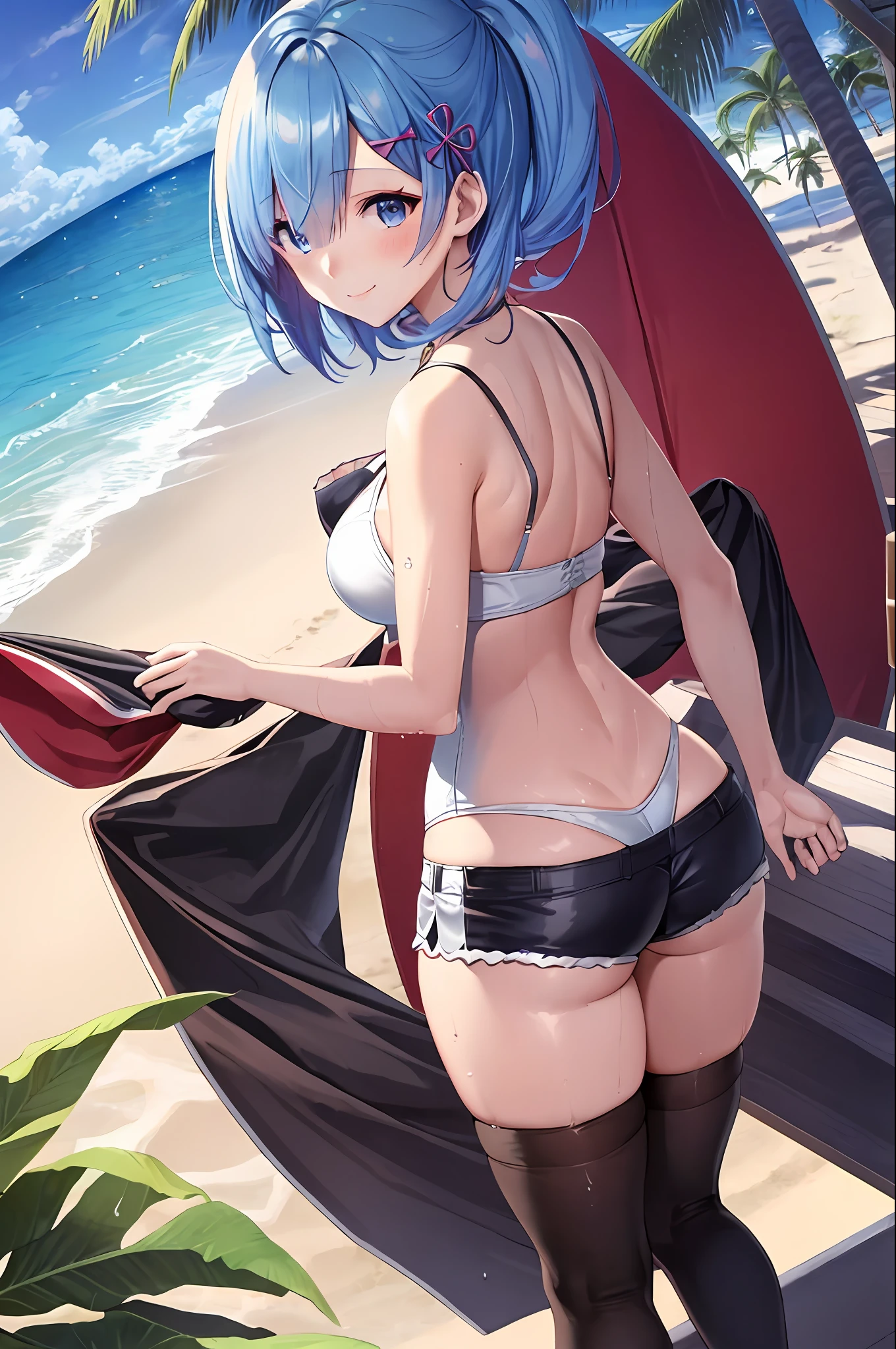 (Real: 1.5) Girls, Rezero Rem, Smile, Medium, Stockings, 4K, 8K, Perfect Face, Blush, Blue Eyes, , Sea, Bright Sun, Sandals, Beach, Erotic, Sexy Shorts, Corset, Sea Turtle, Walking, (Wet Skin), Leaves, Big Sun, Beach Bar