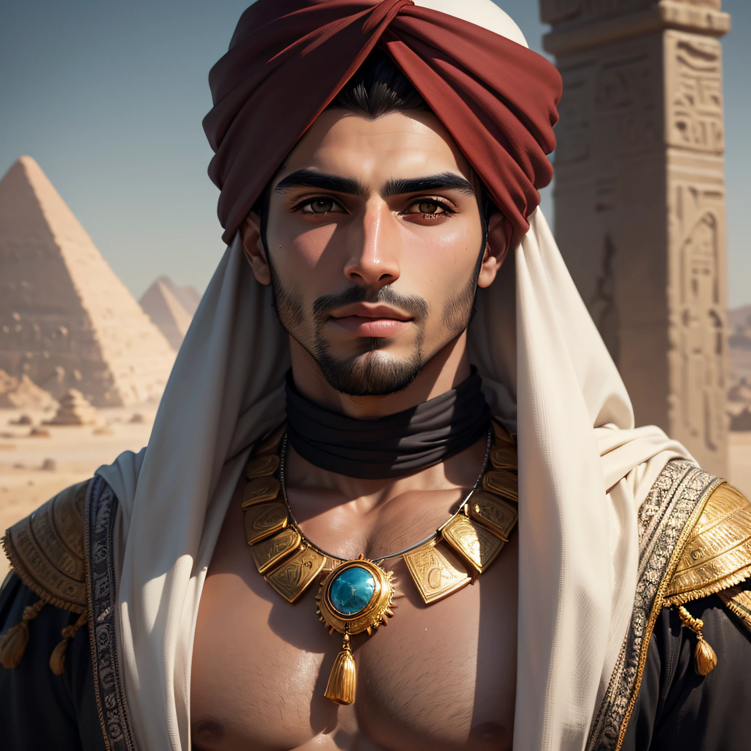 Arabian man with a turban and scarf on his head, portrait of bedouin d&d, handsome prince of persia, brown skin man egyptian prince, 8k portrait render, middle eastern skin, arab man, 8k highly detailed face, handsome detailed face, arab man light beard, highly detailed vfx portrait of, realistic restored face, handsome stunning realistic --auto