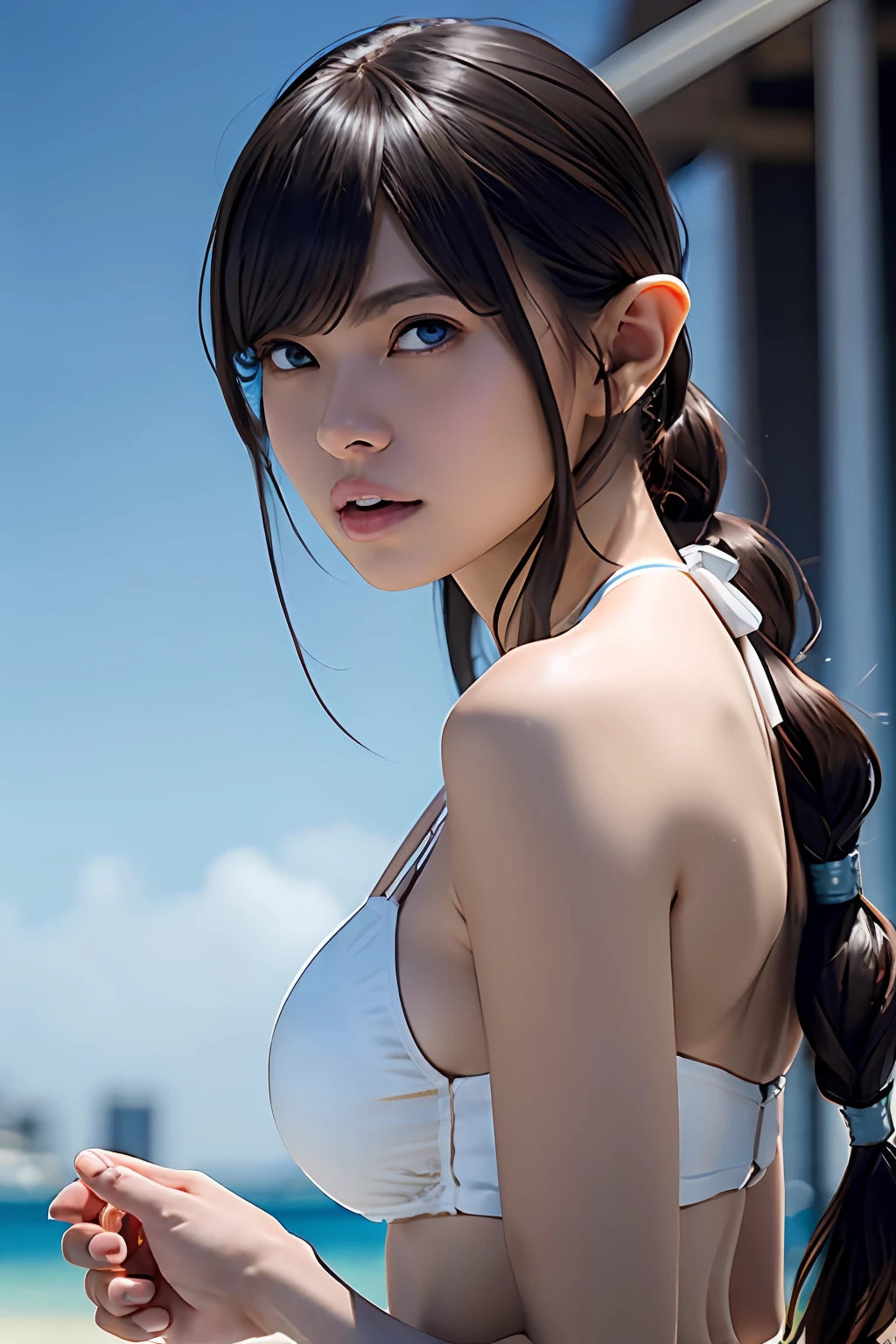 Ultra-detailed complex 3D rendering of the face, (Colossal: 8.8), (masterpiece, top quality, octane rendering, 8K), glamour shot full body image, very beautiful young elf, cleavage, (very detailed skin: 1.2), (exposure: 1.1), brown hair, (((White bikini: 1.95))))), beautiful Caucasian woman with full soft breasts and dark skin with big buttocks, one, long braided hair, Big breasts, dynamic angles, mystical expressions, ultra-realistic photos, ((((portrait))), bare feet, futuristic city background, facial muscles, detailed and beautiful gold crown, in the style of Marvel Comics, ArtStation Trends, Clear Focus, Studio Photography, Intricate Details, Very Detailed, Detailed Red Eyes, Very Detailed, Sharp Focus, Digital rendering, professional, abs, (Saint Seiya: 1.4), shot with Canon EOS R 6, seductive look,