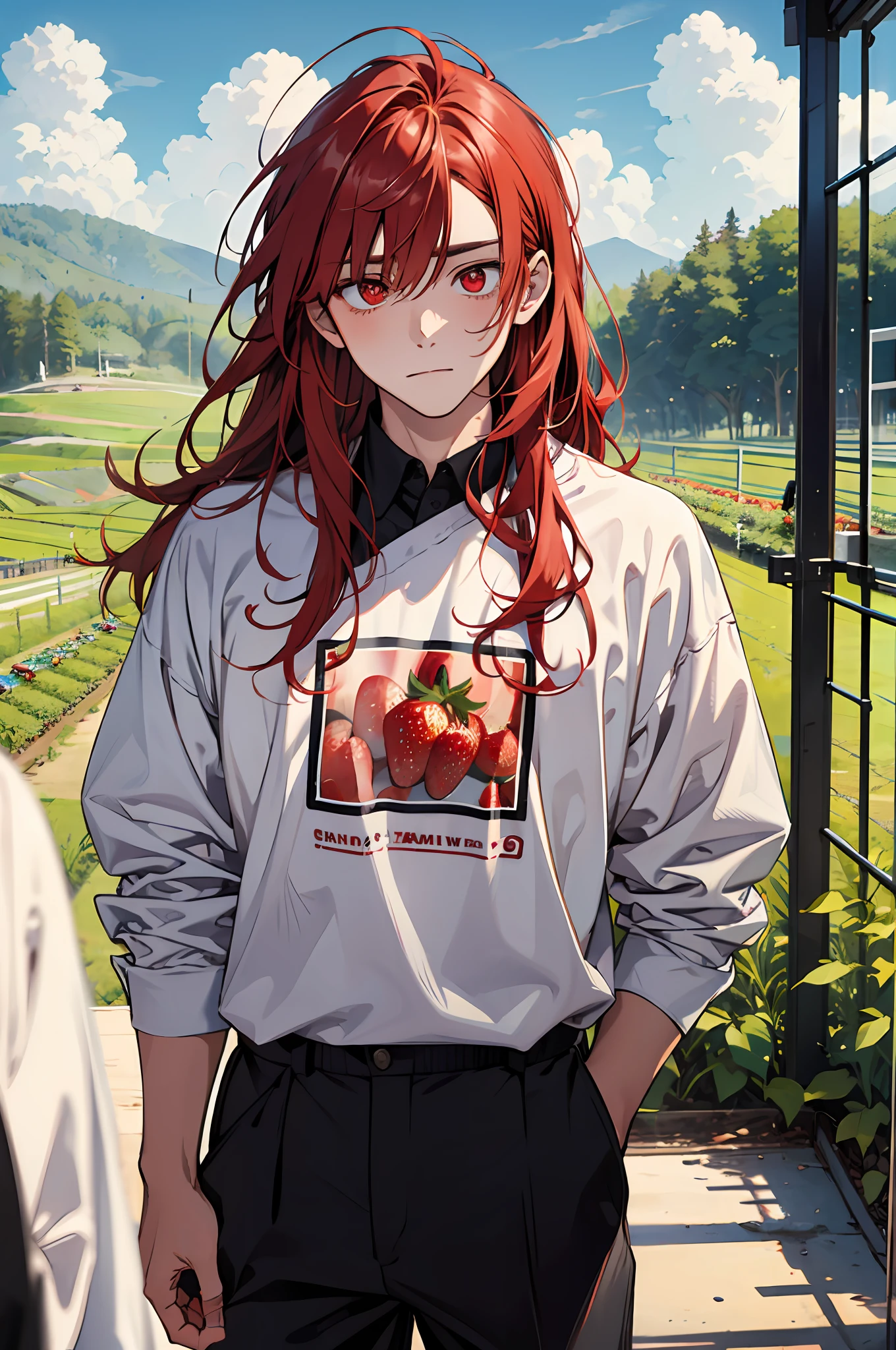 (masterpiece, best quality), 1 male, teenager, strawberry farm, red hair, red eyes, shy face, portrait