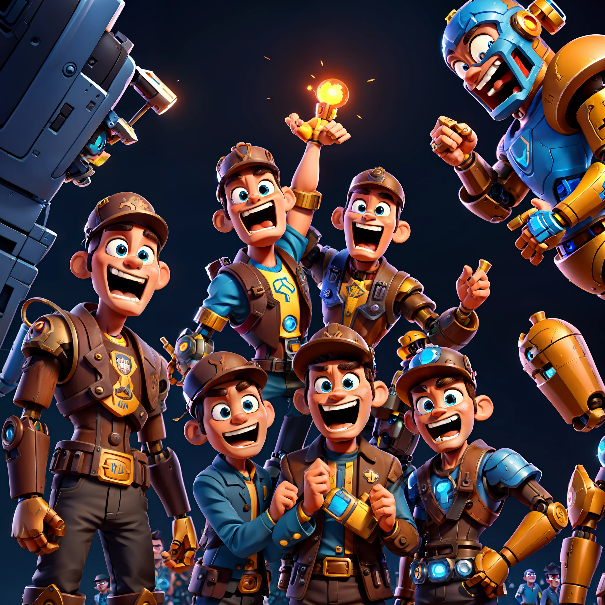 3D render art, three guys celebrating together in a crowd of people, lots of people around the characters, robots and humans populating the art, stylized pixar, steampunk, steampunk city background, various robots celebrating in the background