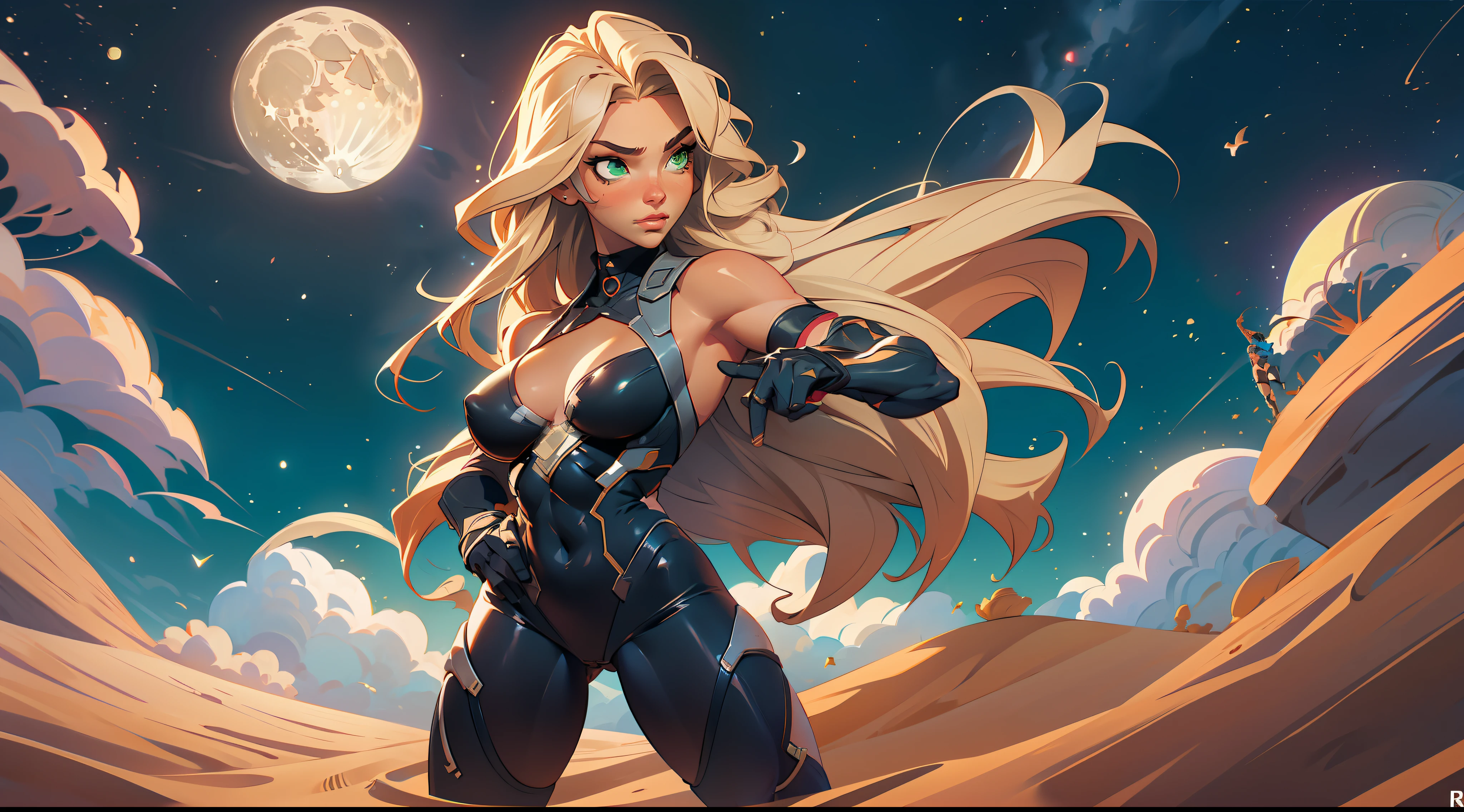 1 girl, ig model, taimanin, ninja, bodysuit, action pose, blonde hair, long hair, green eyes, lewd face, sexy, cleavage, armpits, large breasts, wide hips, thick thighs, muscles, abs, realistic, ray traced, desert, sand, night, stars, moon, clouds
