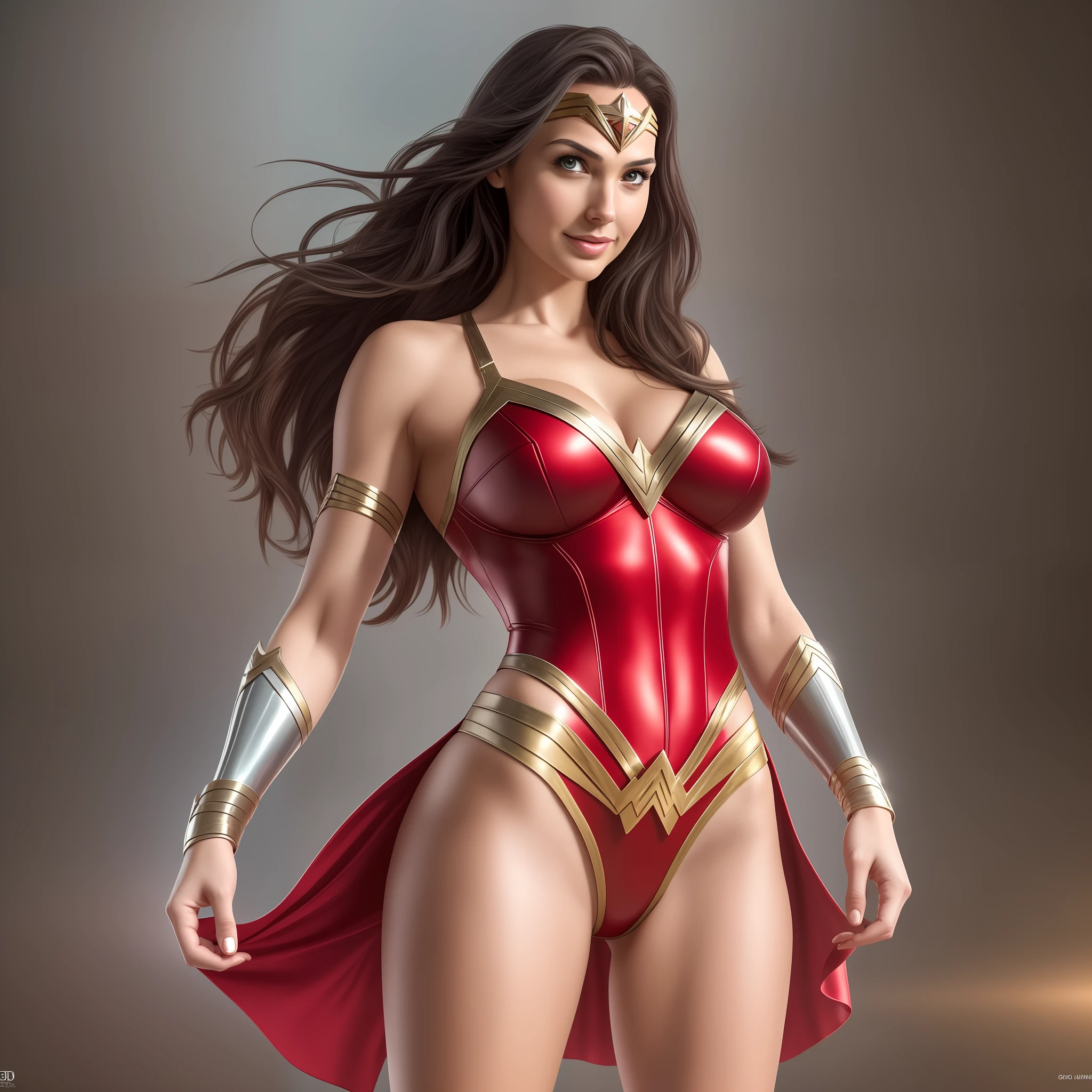 Beautiful woman, Wonder woman, wonder woman costume, gal gadot, galgadot, two pieces bikini, string bikini, skimpy wonder woman, big boobs (huge boobs), gigantic boobs, little bit muscle, slim body, athletic body, slender proportion body, show cleavage, major cleavage exposed, show major cleavage, open legs, inner thigh esposed, camletoe, hot body, silver metal wristband, full legs exposed, heroic pose, super hero pose, super hero landing pose, black hair, bangs, long hair, smile, modern, Realism, Hyperrealism, blurry, glowing light, god rays, ray tracing, reflection light, backlighting, f/1.2, 85mm, UHD, retina, ccurate, masterpiece, anatomically correct, super detail, high details, high quality, award winning, best quality, highres