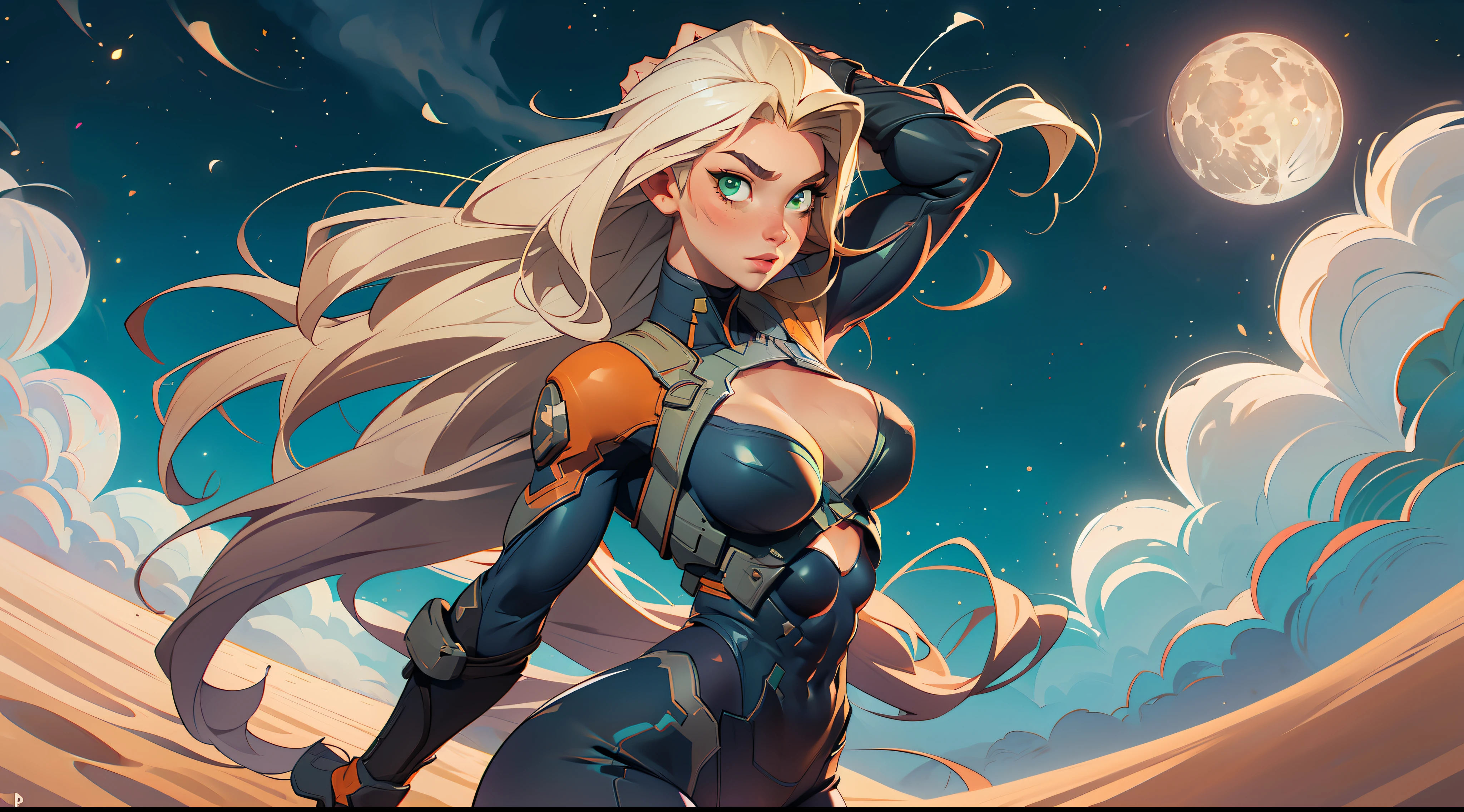 1 girl, ig model, taimanin, ninja, bodysuit, action pose, blonde hair, long hair, green eyes, lewd face, sexy, cleavage, armpits, large breasts, wide hips, thick thighs, muscles, abs, realistic, ray traced, desert, sand, night, stars, moon, clouds