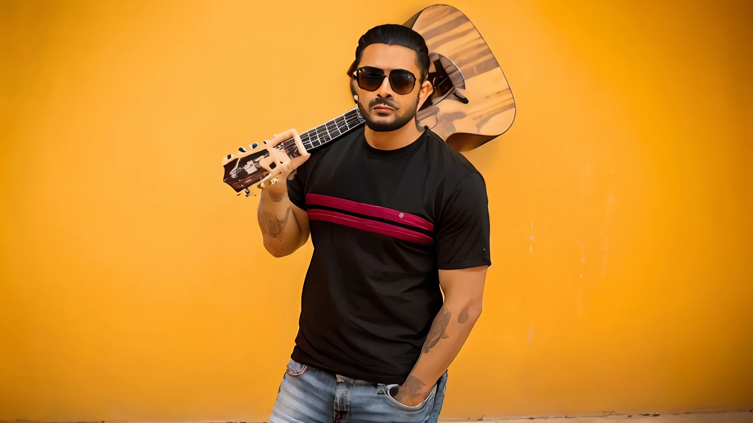 araffe man with sunglasses holding a guitar and a guitar case, singer maluma, new song, photo shoot, uploaded, musician, guitarist, by Manjit Bawa, holding a guitar, promotional shot, promo shoot, photo from a promo shoot, man playing guitar, singer songwriter, carrying a guitar, inspired by Manjit Bawa, red sunglasses and a guitar