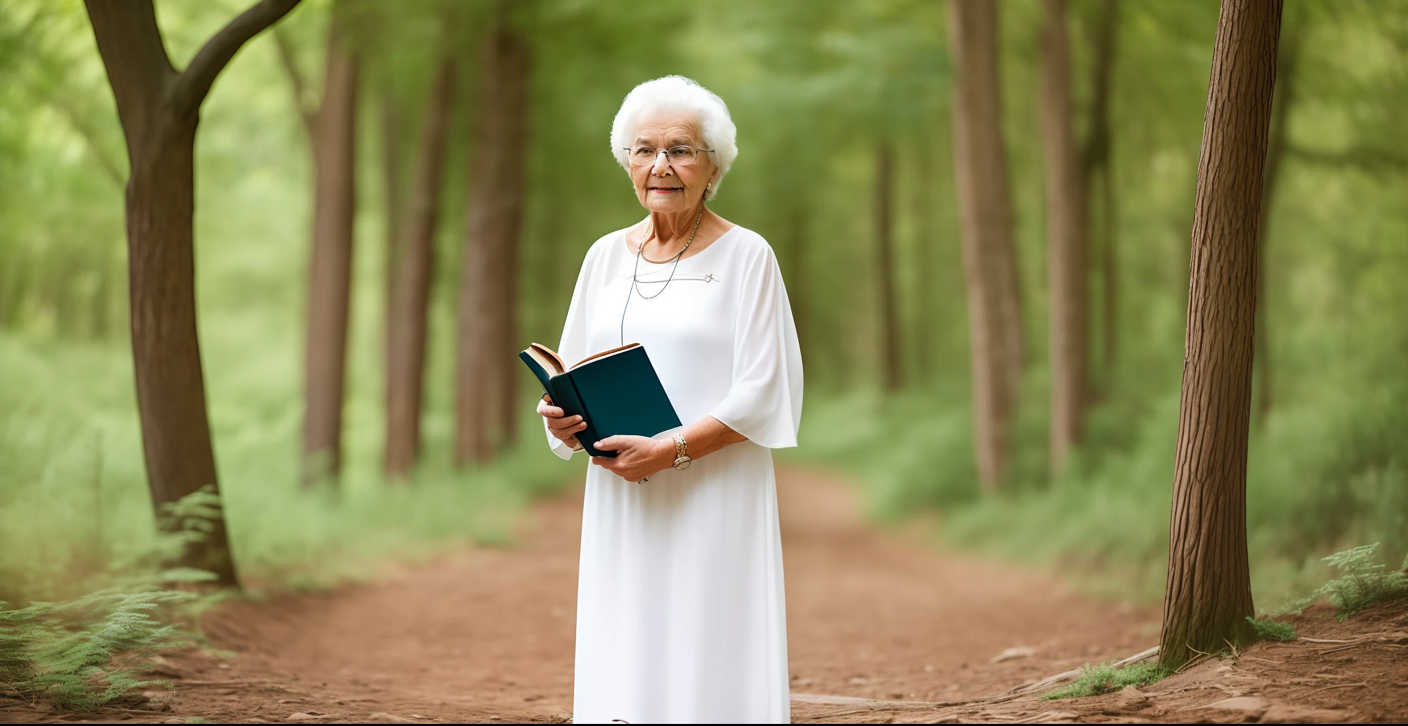 An old woman in a white dress and a bible in her hand in front of nature