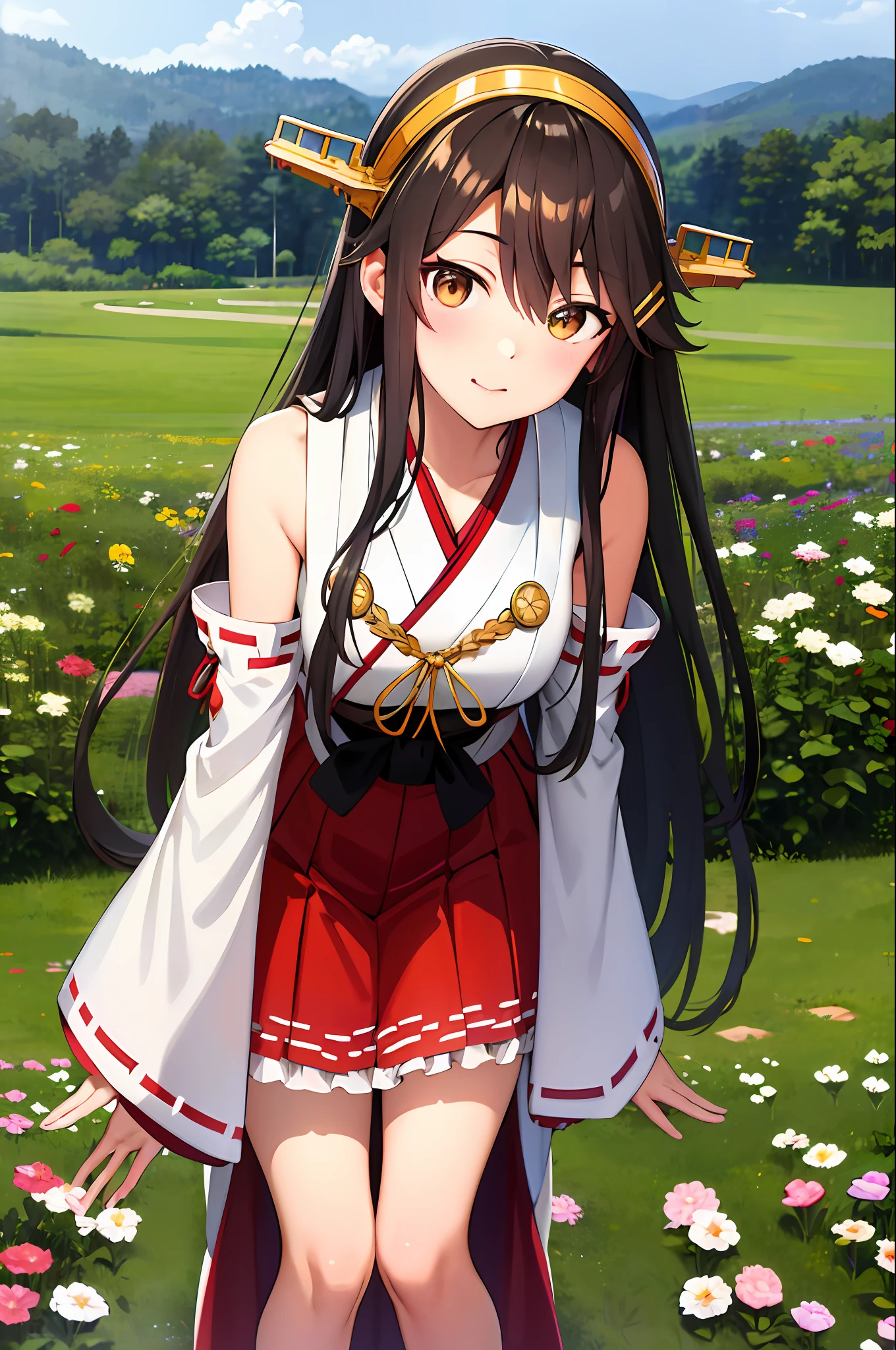 masterpiece, best quality, highres, hmharuna, headgear, hair ornament, hairclip, japanese clothes, detached sleeves, ribbon-trimmed sleeves, red skirt, field, :I, leaning forward,