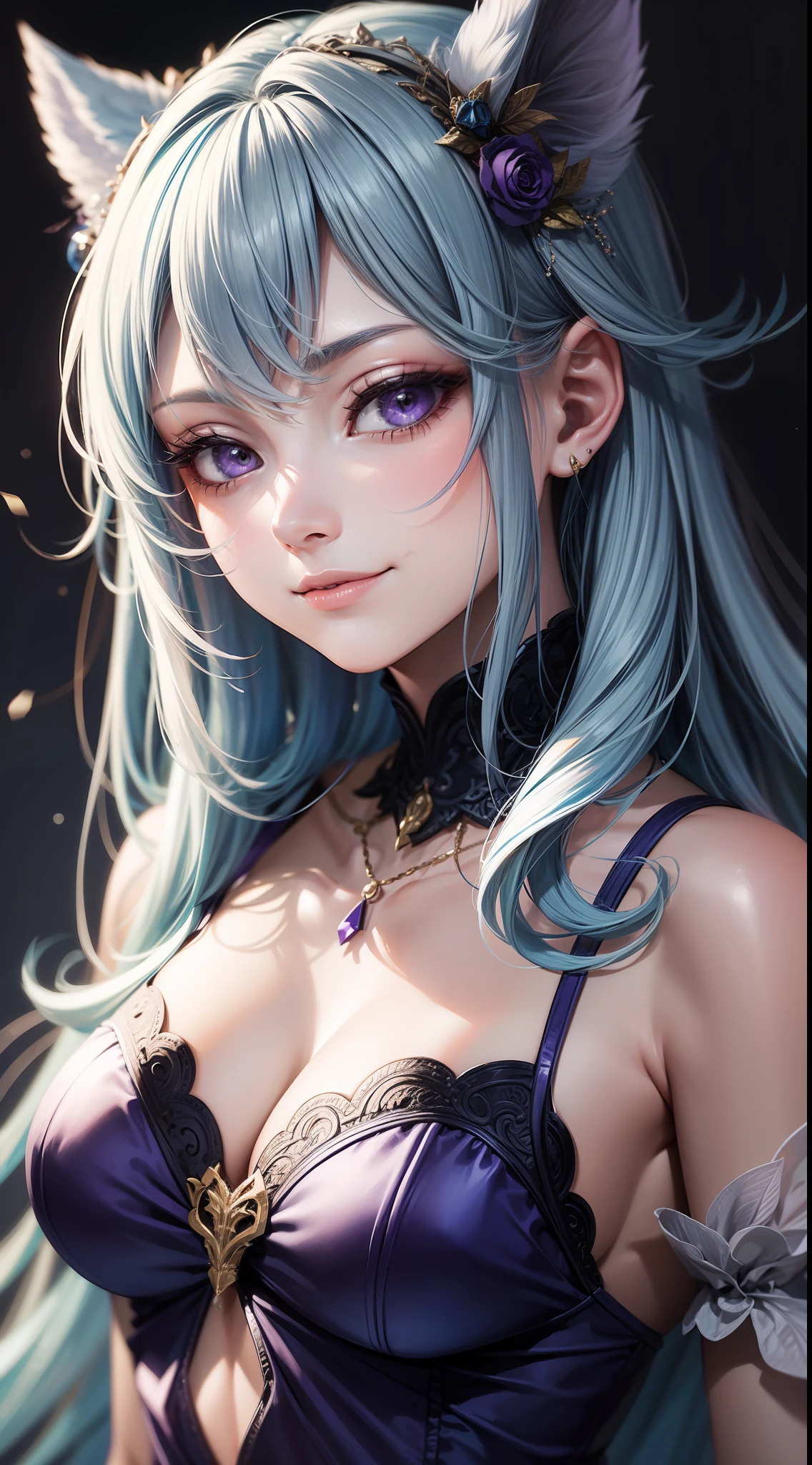 Young girl, long light blue hair, purple eyes, smirk, purple princess dress, chest neckline, masterpiece, high quality
