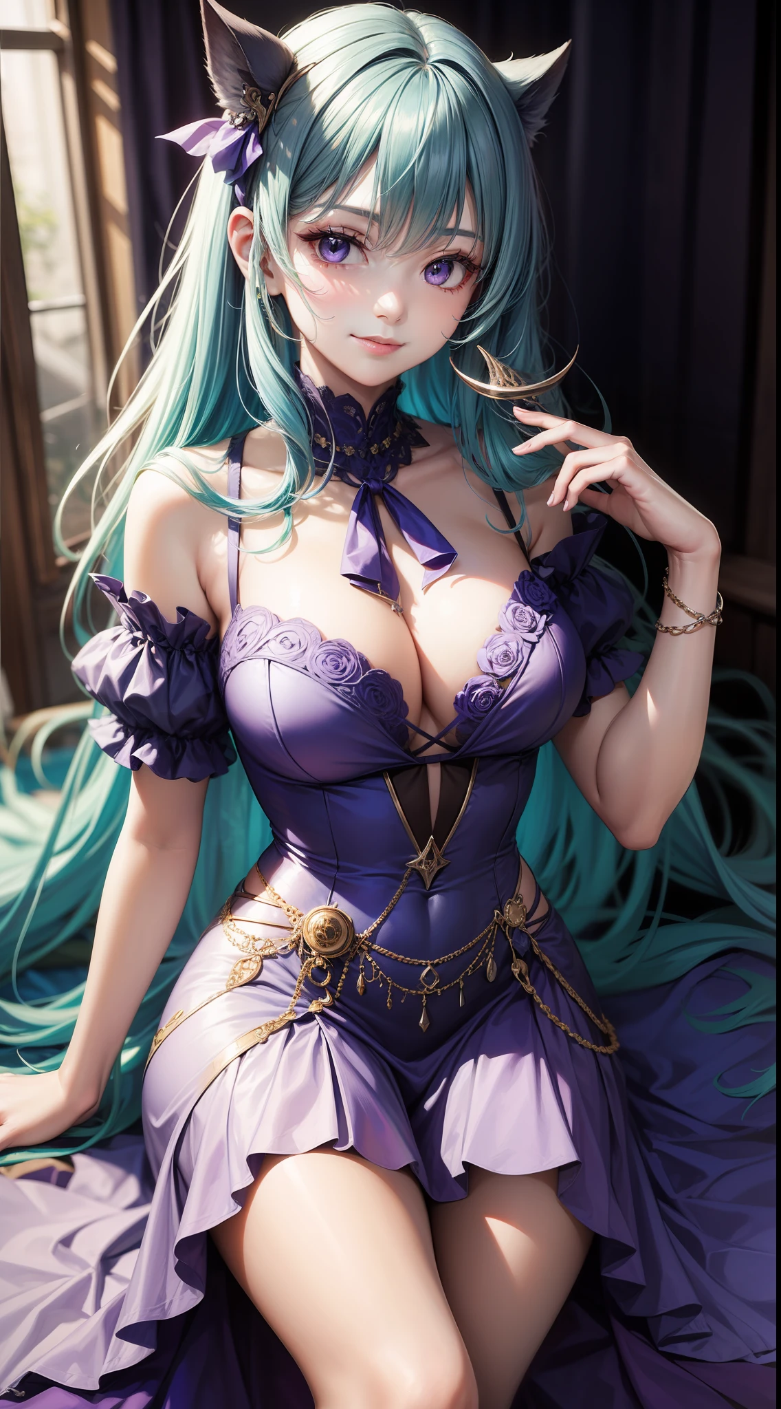 Young girl, long light blue hair, purple eyes, smirk, purple princess dress, chest neckline, masterpiece, high quality