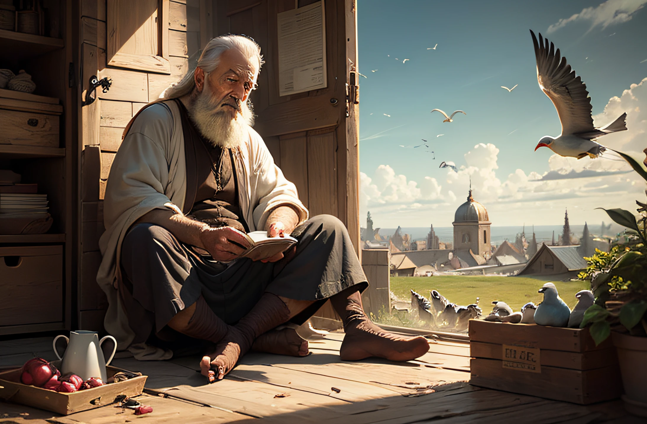 Old bearded, white tunic, with birds at the feet, totó in high definition, cinematographic