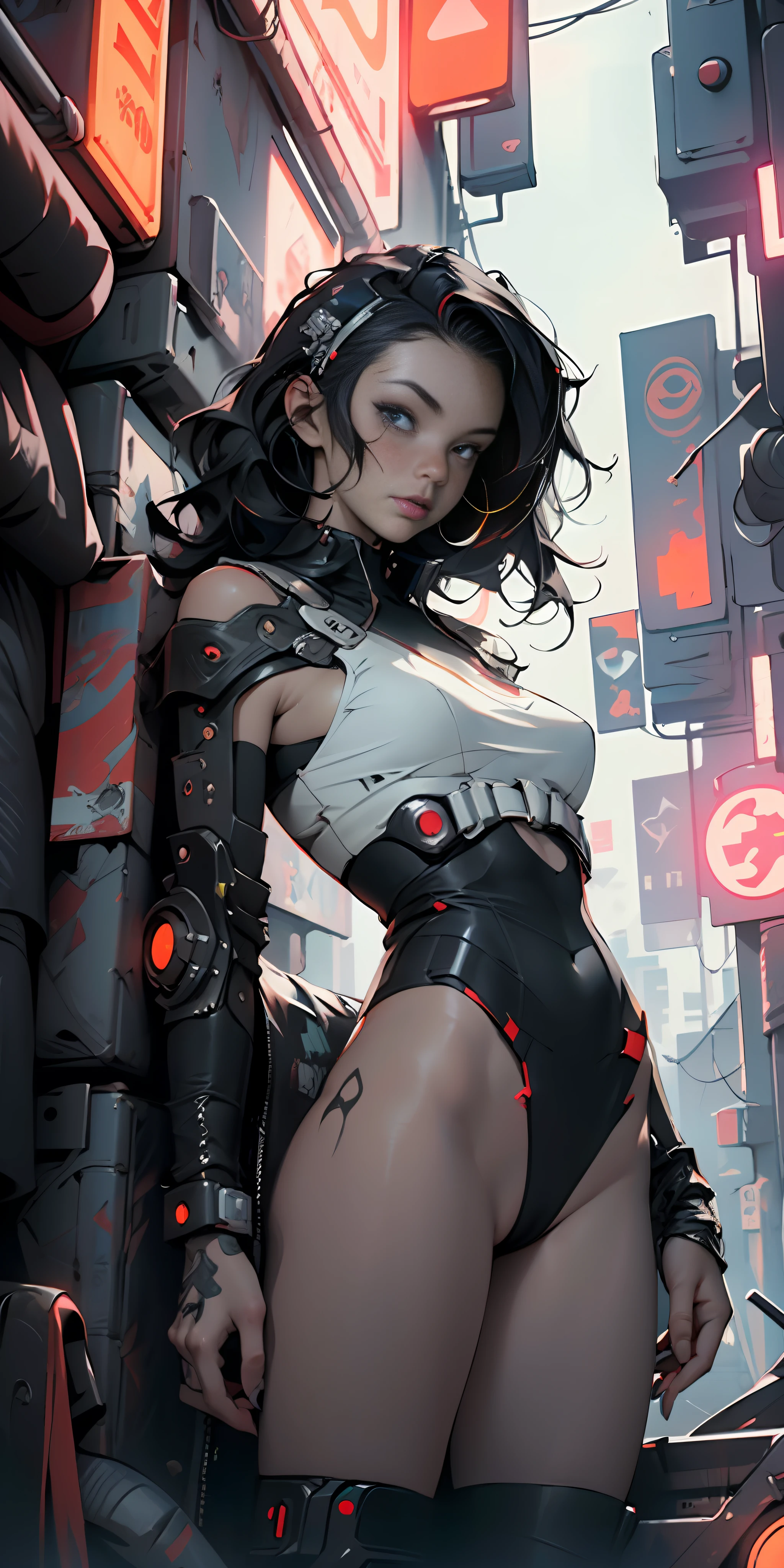 ((Best quality)), ((masterpiece)), (highly detailed:1.3), 3D, black woman goddess (cyberpunk:1.3), woman dressed as y one-piece maid, long black hair looking at camera, nsfw