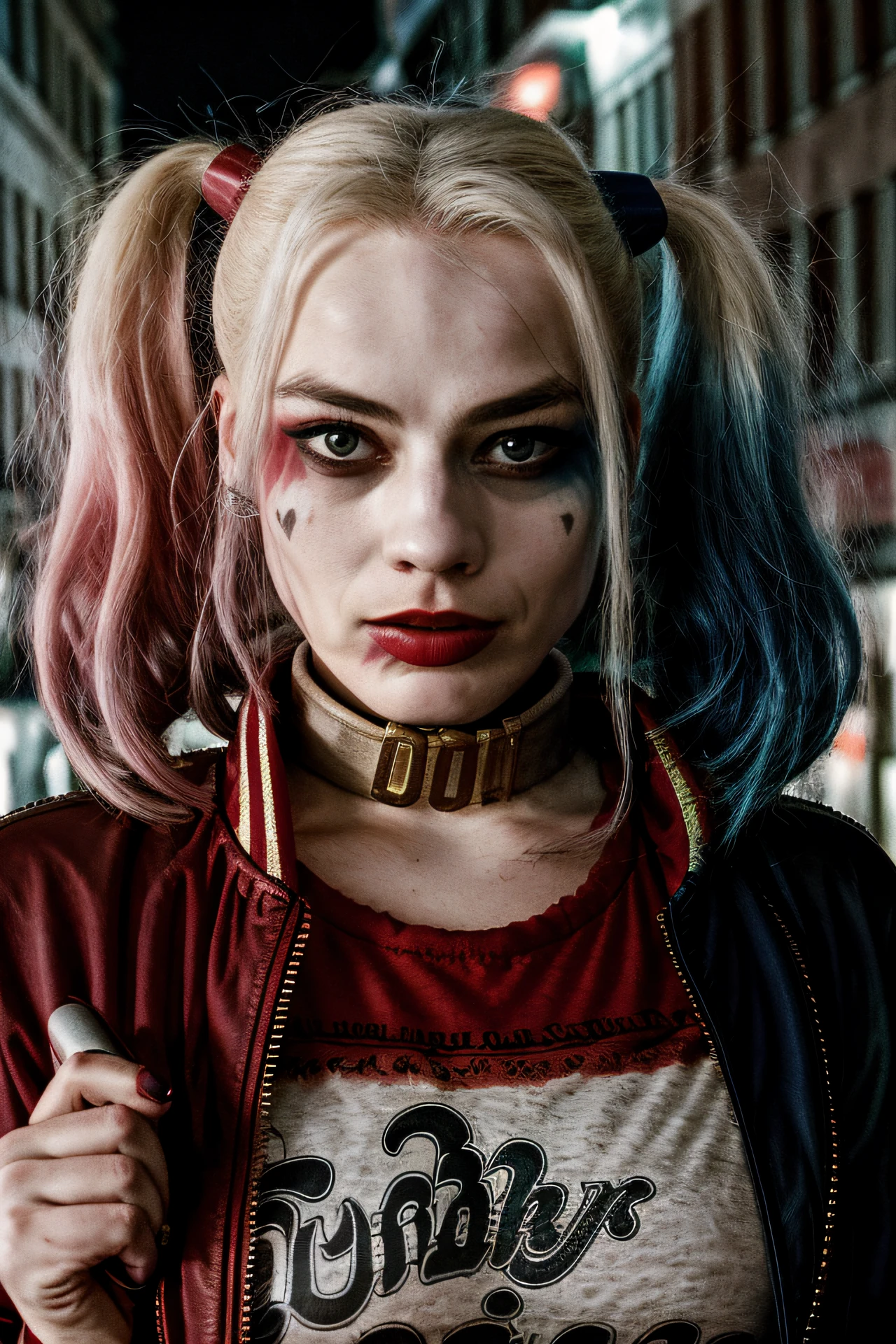 RAW photo, a portrait photo of 25 y.o woman, Harley Quinn, red leather jacket, night, city street, high detailed skin:1.2, 8k uhd, dslr, soft lighting, high quality, film grain, Fujifilm XT3.