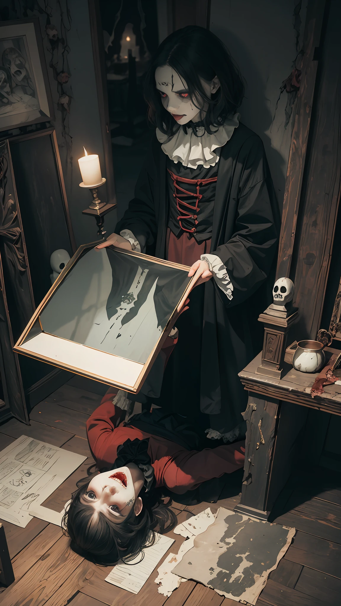 Haunted graveyard，Sinister shadows，Creepy abandoned house，Malevolent spirits，Bloodcurdling screams，Cursed dolls，Terrifying clowns，Macabre rituals，Grave robbers，Chilling whispers，Possessed mirrors，Haunted paintings，Creaking floorboards，Mysterious disappearances，Forbidden rituals