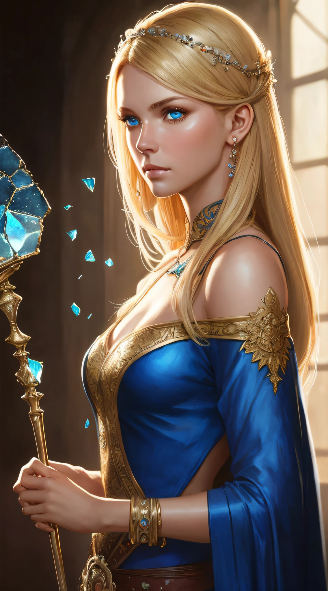 Illustration of warrior princess, 8k of a beautiful blonde hair, intricate, elegant clothes, highly detailed, majestic, digital photography, art by artgerm and ruan jia and greg rutkowski,wistful art,surreal painting,broken glass (masterpiece, side lighting, beautiful finely detailed blue eyes: 1.2 ), hdr, --auto