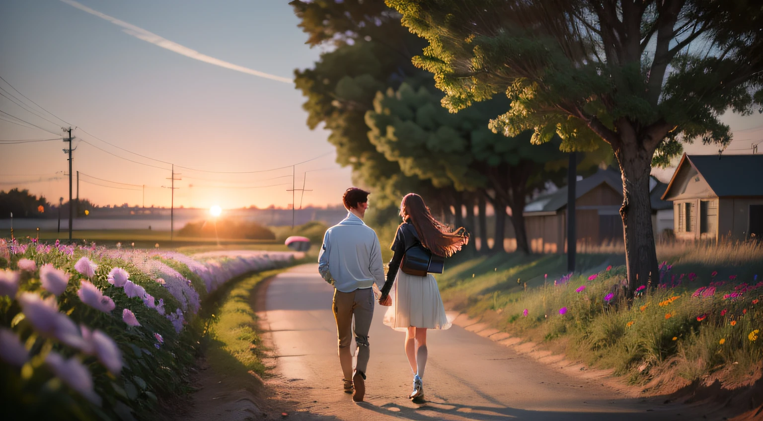 Create an image of a couple of teenagers holding hands walking on a dirt road at sunset, against a backdrop of trees and flowers