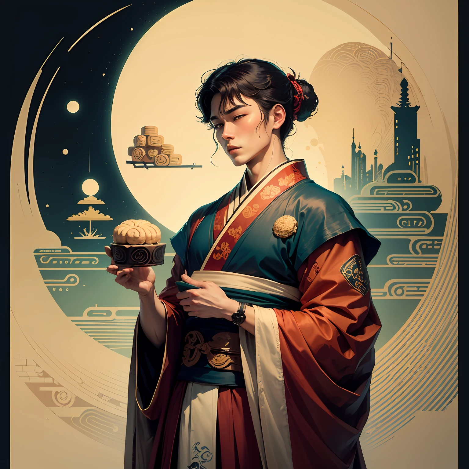 A man wearing Hanfu holding mooncakes, high contrast illustration, parallax poster composition, poster design, exquisite imaginative poster art, Japanese inspired poster, inspired by Kilian Eng, a beautiful artwork illustration, inspired by Bayard Wu --auto