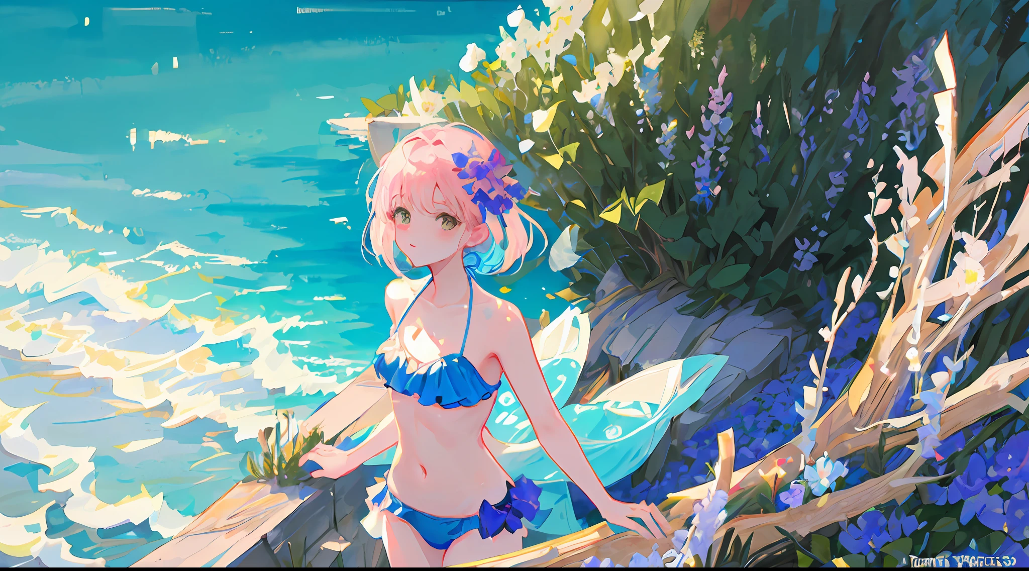 solo,white skin, watercolor, pale tone, light color palette, highly detailed digital illustration of beautiful light pink high definition short hair small boobs 1girl in (((small flower pattern blue bikini))) swimsuit, head in focus, brown eyes, symmetrical face, fantastic light, detailed touch, high density writes, masterpiece, (mediterranean provence:1.3), (building with white walls:1.3), (sea:1.3), (tree:1.3), (flower1.3)