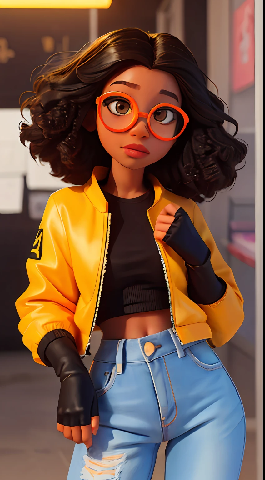 Sarah, , dark skin tone, lively, dark curly hair, golden eyes, glasses, yellow jacket, fingerless gloves, jeans, digital art style, vibrant color palette, contrasting details, soft lighting, by artgerm, wide-angle camera lens