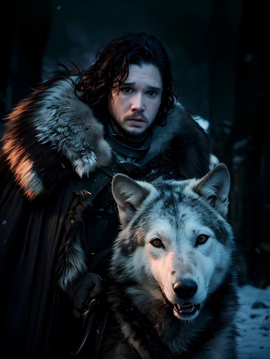 Cinematic poster of Jon Snow holding a sword, accompanied by a white wolf, in the snow. (HDR: 1.4), (cinematic lighting: 1.4), masterpiece, ultra realistic 8K, perfect art, intricate details, sharp focus, detailed face, lights and shadows, vivid colors, award-winning photography, hyperrealistic.