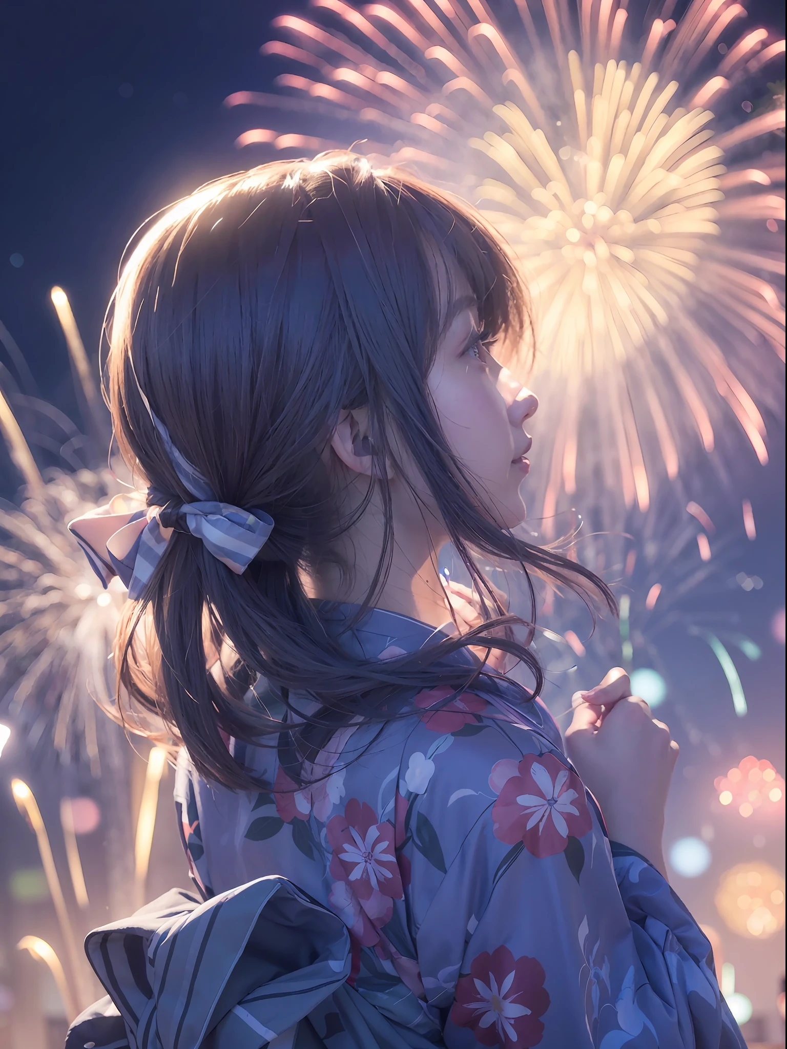 View from behind, looking up at the sky, yukata, festival, (fireworks: 1.5), Akane, blue eyes, blue hair, long hair, from an angle, wind blowing and hair fluttering, watching fireworks, live action, realistic, smile