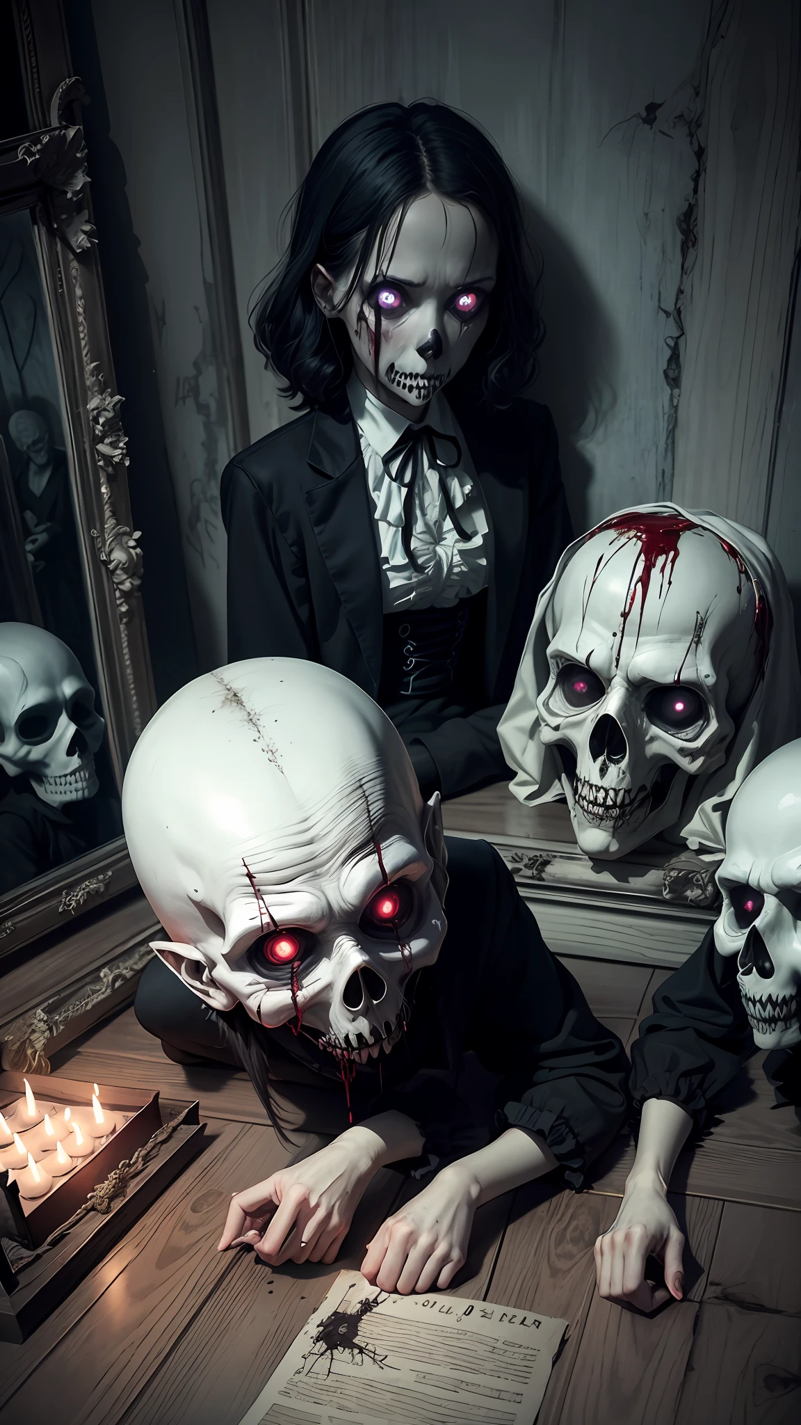 Haunted graveyard,Sinister shadows,Creepy abandoned house,Malevolent spirits,Bloodcurdling screams,Cursed dolls,Terrifying clowns,Macabre rituals,Grave robbers,Chilling whispers,Possessed mirrors,Haunted paintings,Creaking floorboards,Mysterious disappearances,Forbidden rituals