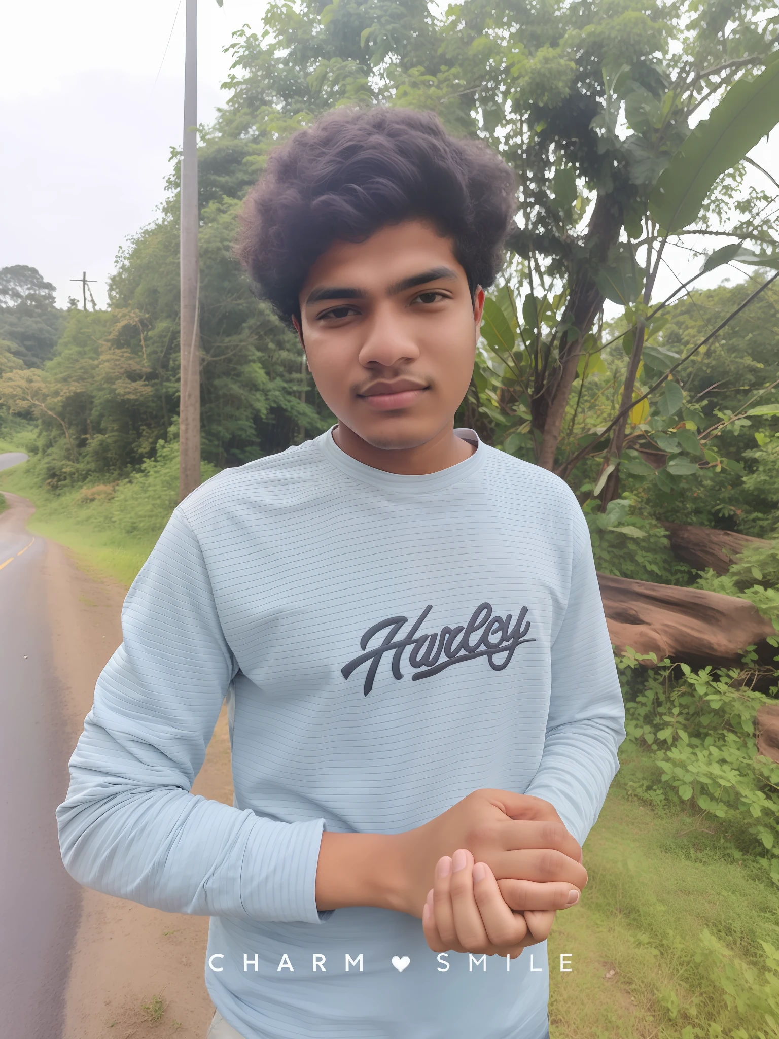 there is a young man standing on the side of the road, around 1 , ayan nag, portait image, riyahd cassiem, taken in the early 2020s, profile shot, in front of a forest background, jayison devadas, scenic full shot, he is about 2 0 years old
