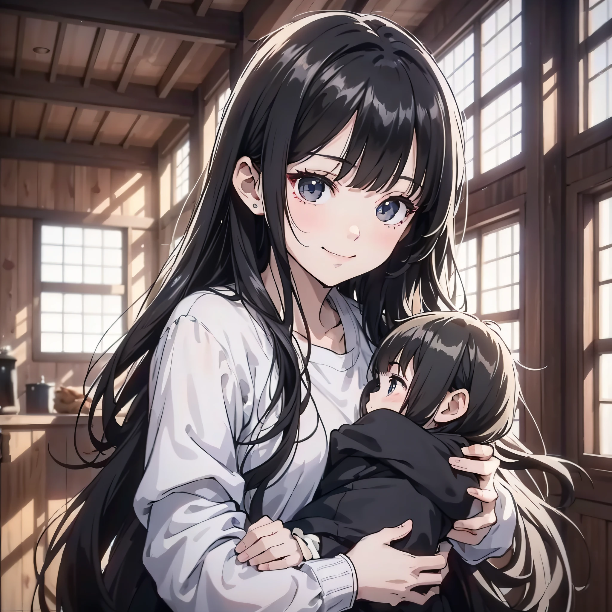 A woman in a white shirt with long black twisted hair stands in the house holding the baby facing the camera (upper body display 1.5) (smile 1.5) (background is in the village house 1.5) (girls 1.8) (cinematic lighting 1.5) (master masterpiece: 1.4), hyper detail, anime style 4 K, anime rendering, anime style. 8k，
