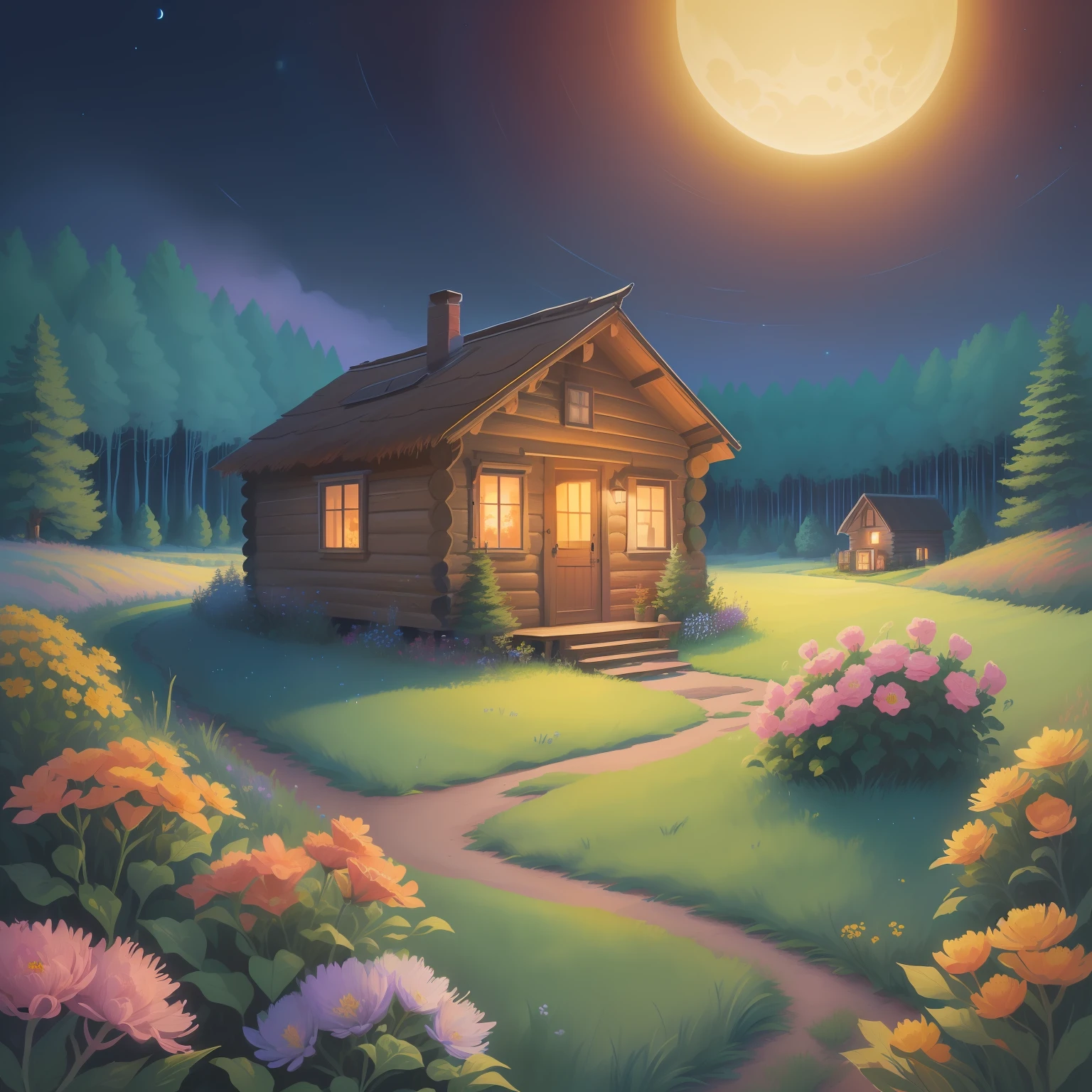 cartoon illustration of a small cabin in a field with flowers, calm night. digital illustration, stylized digital illustration, the small house in the forest, nightime village background, house background, cartoon moody scene, cottage in the forest, vibrant gouache painting scenery, background artwork, cozy home background, nighttime nature landscape, colorful illustration, solitary cottage in the woods --auto