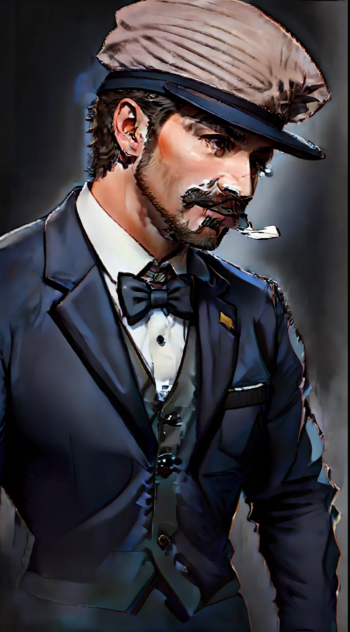 man in suit and bow tie with hat, inspired by Max Magnus Norman, wear an elegant mustache, gentleman, top hat and luxurious mustache, thin mustache, muttonchops, inspired by Hermenegildo Anglada Camarasa, handsome man