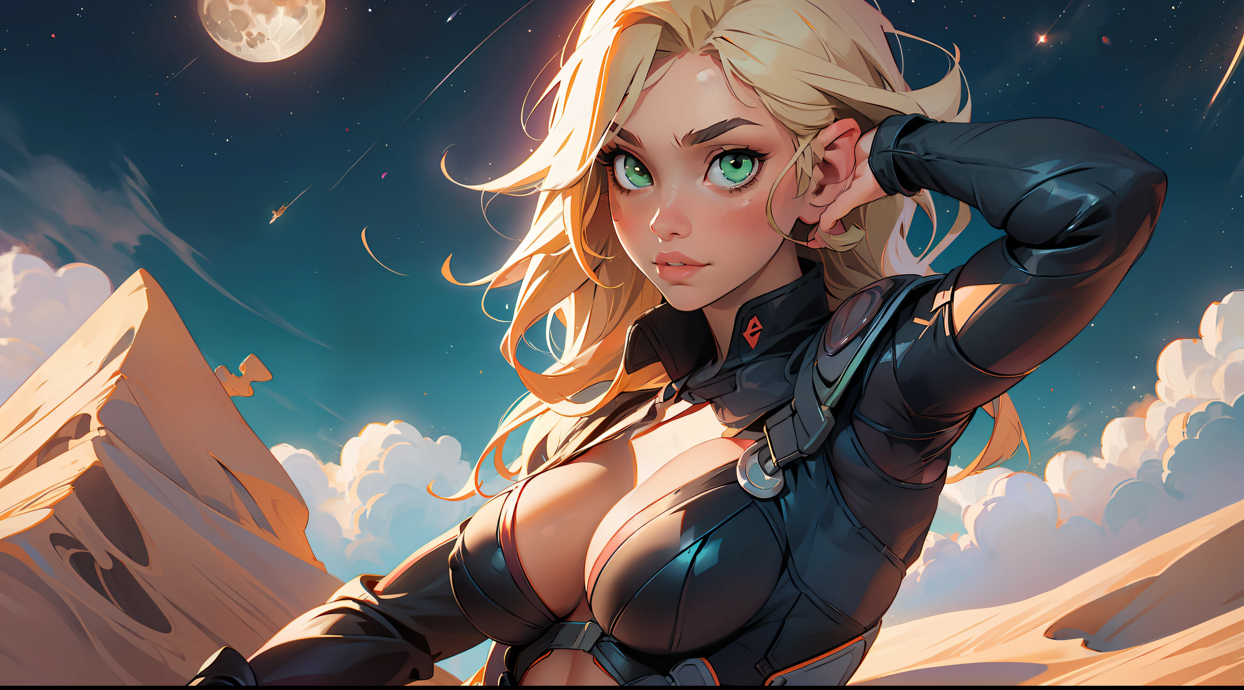 1 girl, ig model, taimanin, ninja, bodysuit, action pose, blonde hair, long hair, green eyes, lewd face, sexy, cleavage, armpits, large breasts, wide hips, thick thighs, muscles, abs, realistic, ray traced, desert, sand, night, stars, moon, clouds