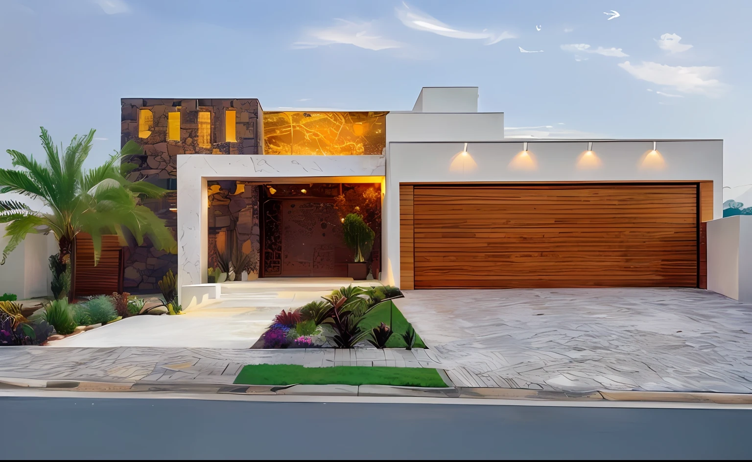 a closeup of a house with an entrance and a garage, modern style, exterior design, contemporary house, modern design, residential design, stone façade, architectural masterpiece, modern setting, contemporary design, modern house, freddy mamani wild façade, large modern residence, interdimensional villa, impressive image, modern neotraditional, concept house, front image, complete house, of extreme prominence to the marble on the façade, sun illumination, morning time of day --auto