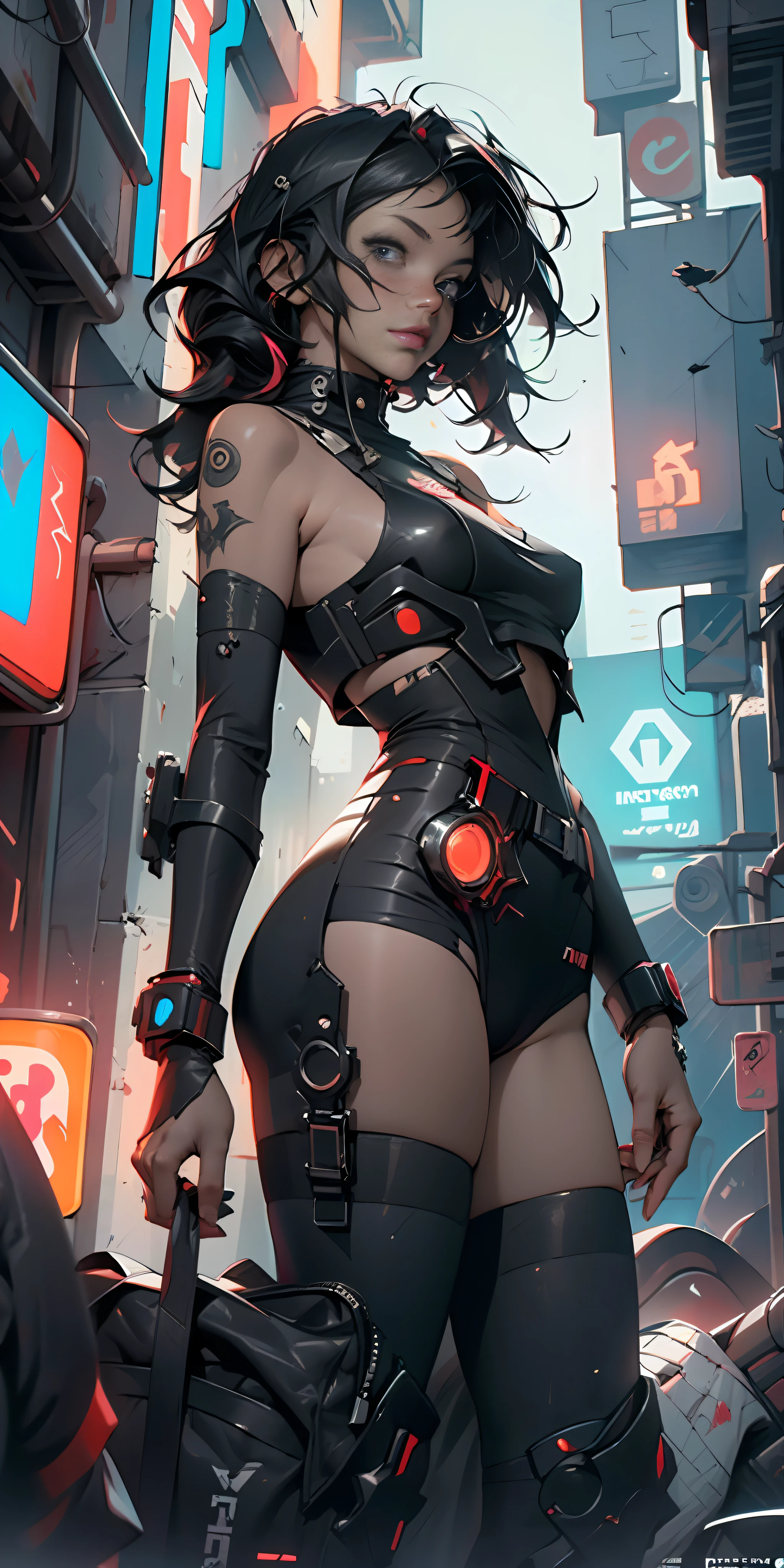 ((Best quality)), ((masterpiece)), (highly detailed:1.3), 3D, black woman goddess (cyberpunk:1.3), woman dressed as sexy one-piece maid, long black hair looking at camera, nsfw