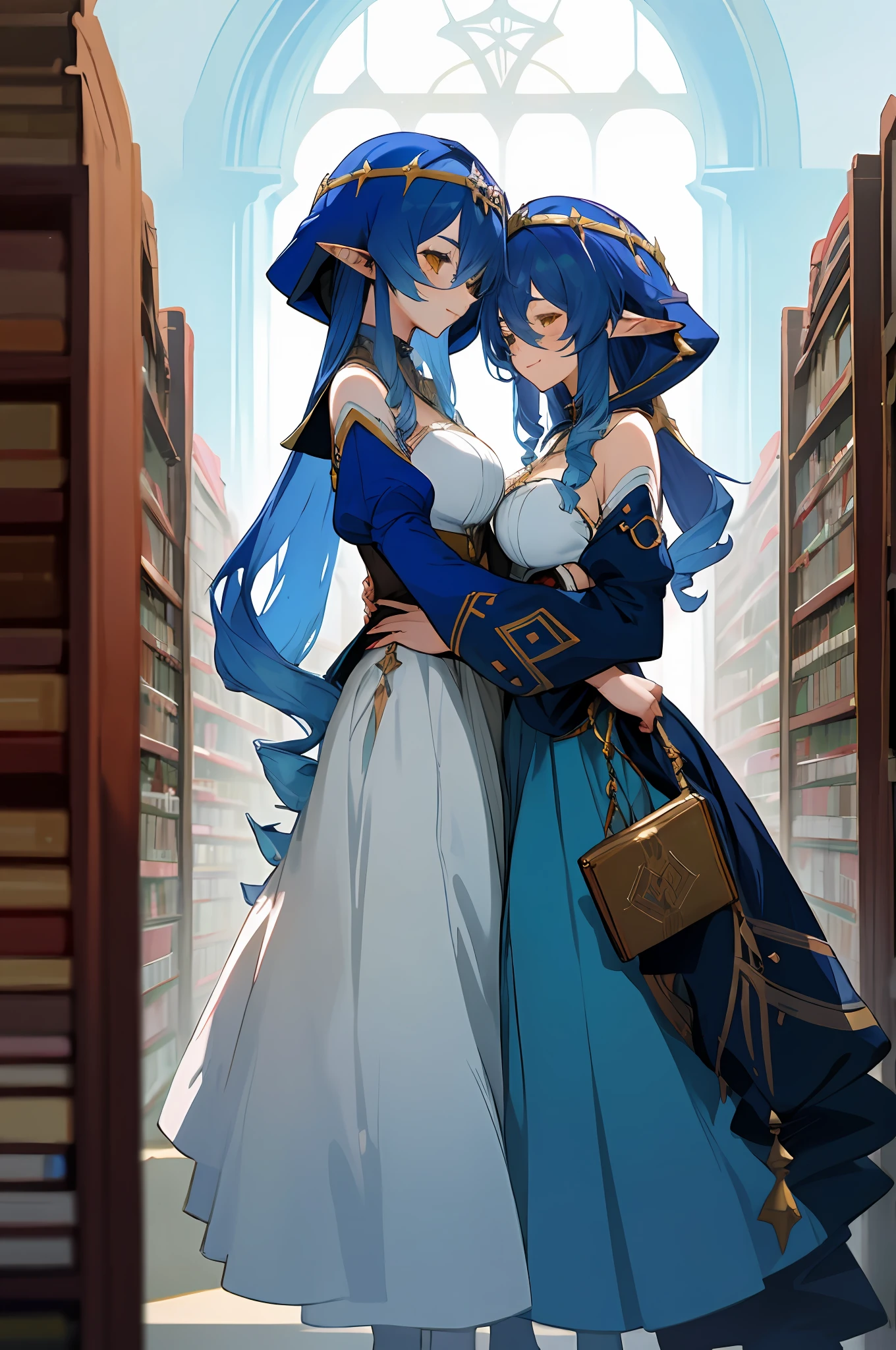 anime image of two women dressed in dress posing for a picture like arabic library clothes in summer, beautiful decoration on dress, palace a girl in palace,medium hair, blue haired , anime fantasy illustration, from the azur lane videogame, genshin, layla detailed art, two beautiful anime girls, mother and child, symbol of maternal love, mother and child, such as photos of mother and child, smile, School library, elf, long ears, book, stack of books, bookshelf