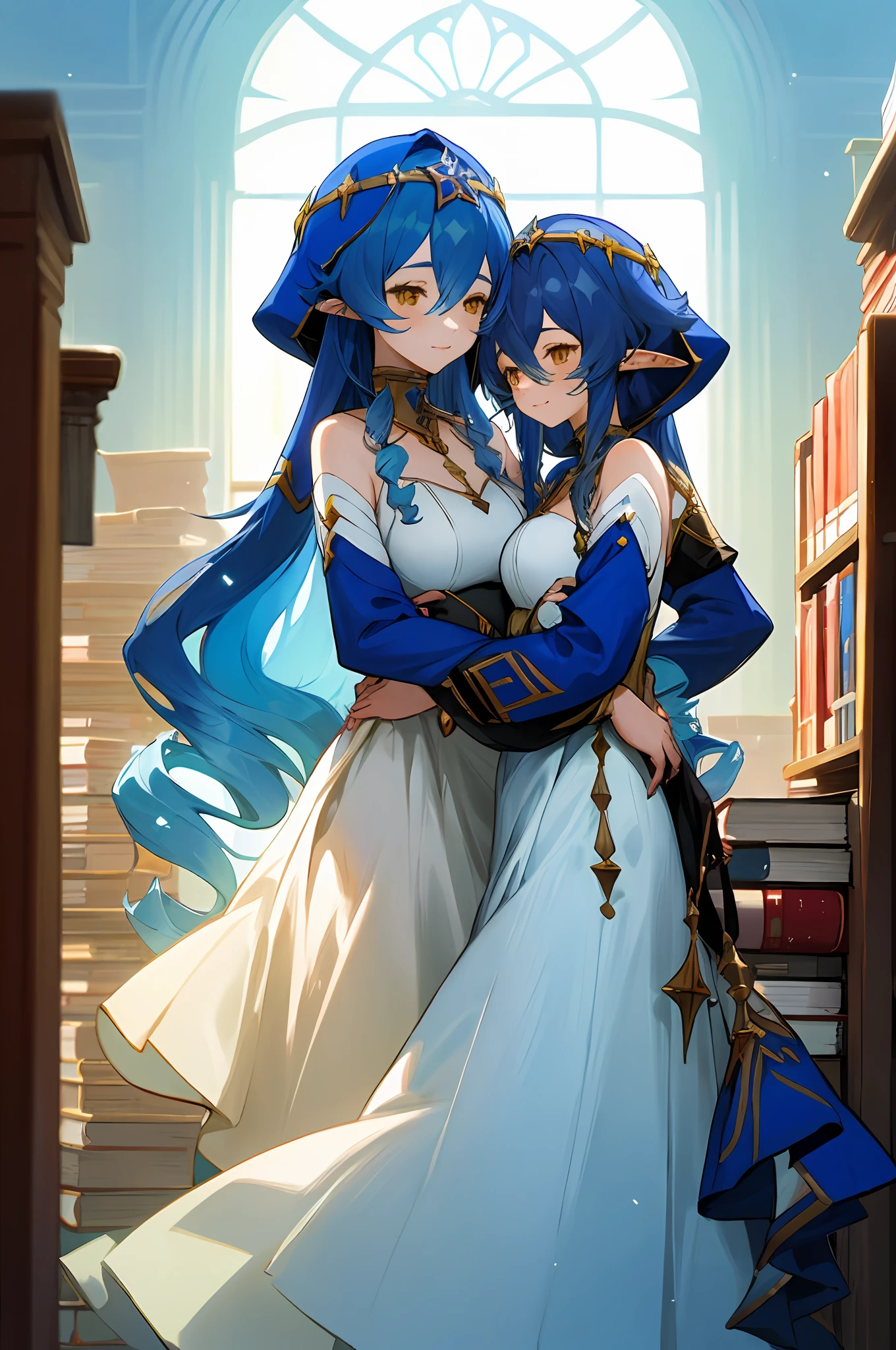 anime image of two women dressed in dress posing for a picture like arabic library clothes in summer, beautiful decoration on dress, palace a girl in palace,medium hair, blue haired , anime fantasy illustration, from the azur lane videogame, genshin, layla detailed art, two beautiful anime girls, mother and child, symbol of maternal love, mother and child, such as photos of mother and child, smile, School library, elf, long ears, book, stack of books, bookshelf