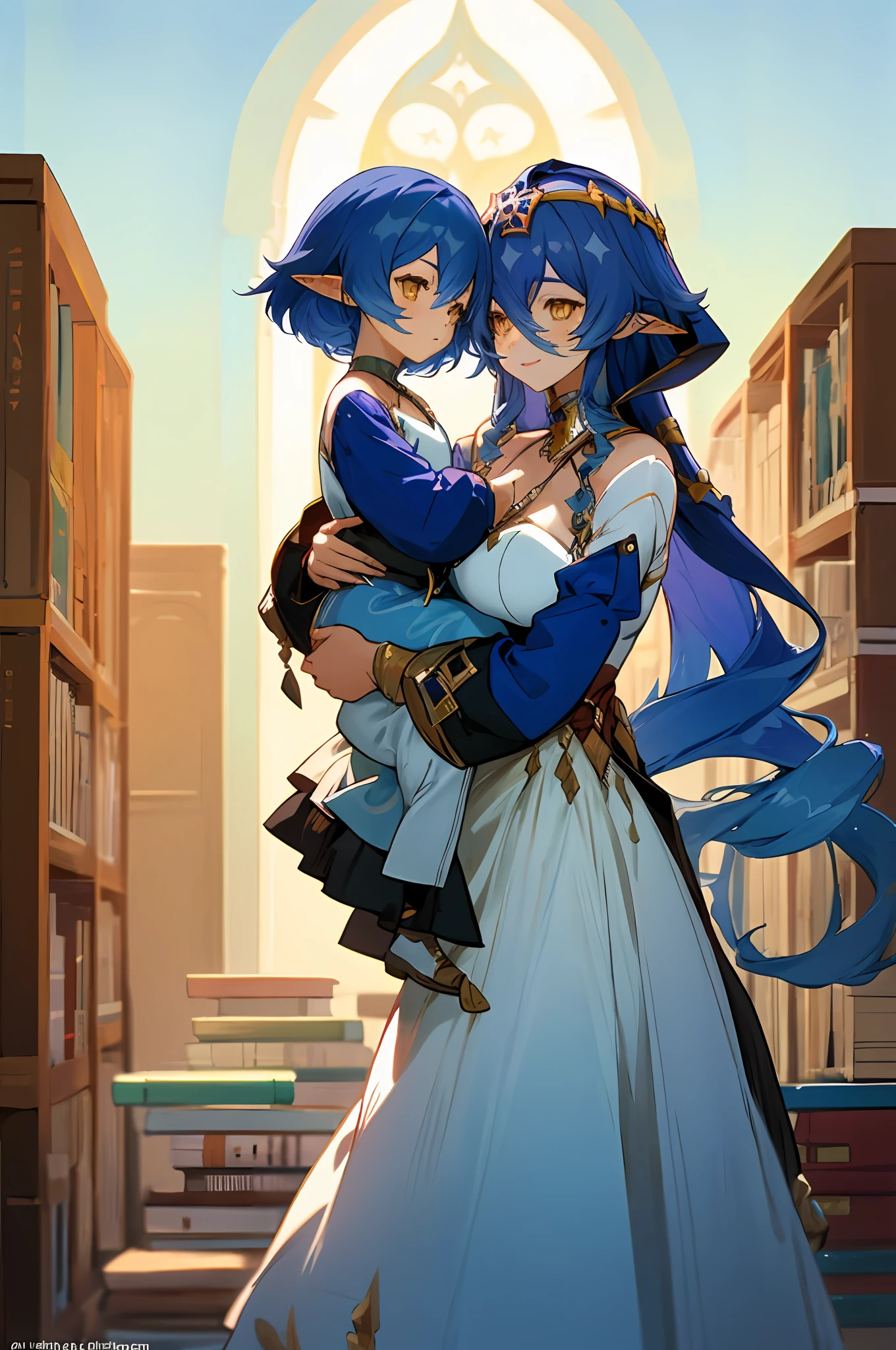 anime image of two women dressed in dress posing for a picture like arabic library clothes in summer, beautiful decoration on dress, golden eyes, palace a girl in palace,medium hair, blue haired , anime fantasy illustration, from the azur lane videogame, genshin, layla detailed art, two beautiful anime girls, mother and child, symbol of maternal love, mother and child, such as photos of mother and child, smile, School library, elf, long ears, book, stack of books, bookshelf