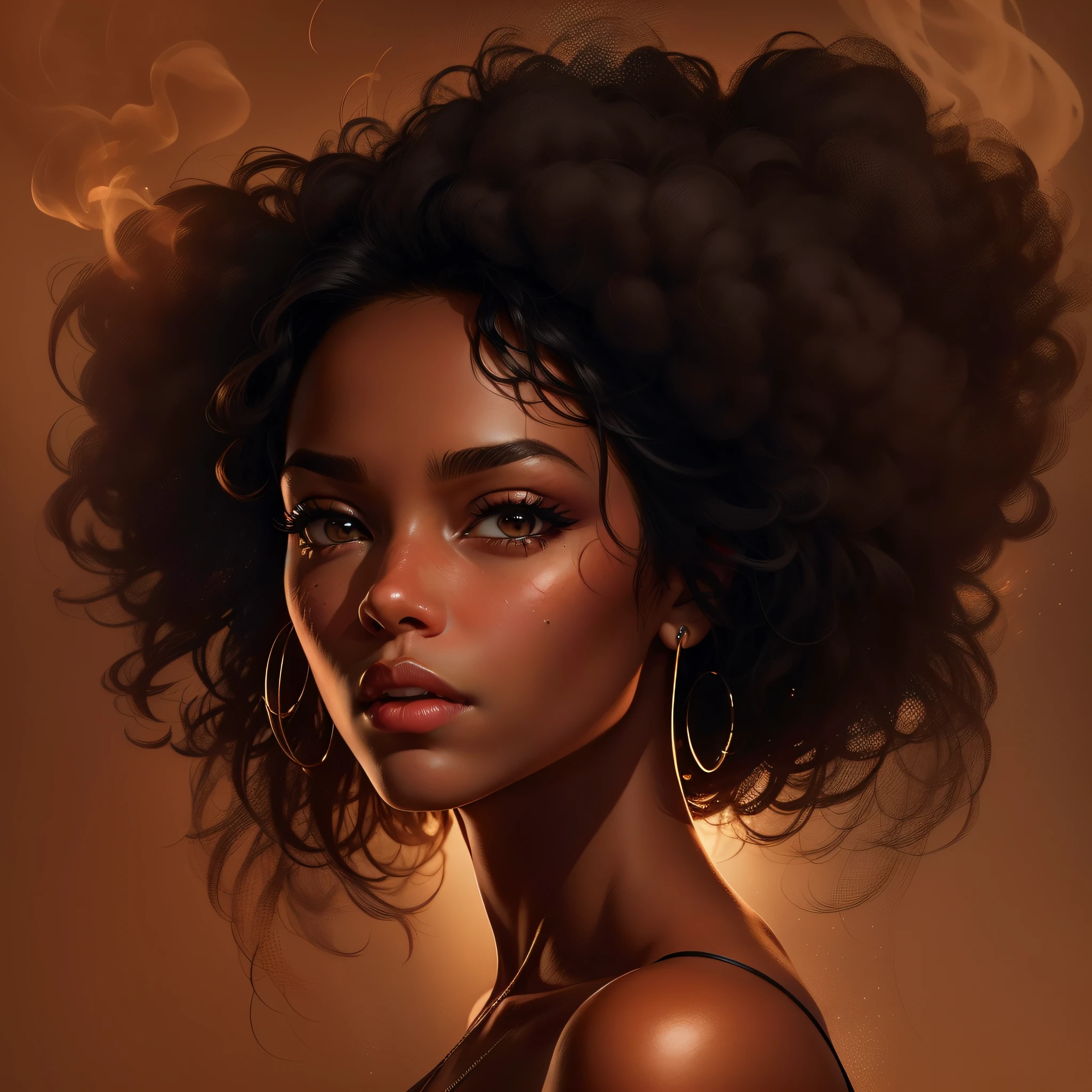 "Image Type: Digital Illustration\n\nDescription: A beautiful black woman with strong and delicate features. Her deep brown eyes are the highlight, reflecting mystery and intensity. Her eyelashes are long, further enhancing the striking look. Her lips are full and delicate, with light tones that contrast with her skin. Her hair is large, in a revolting style, with a brownish hue. Her bust is plentiful and well defined, conveying confidence and beauty. The scene depicts a smoky environment, with embers floating in the air next to the smoke, creating an enigmatic and seductive atmosphere." "art_styles": "surrealism, realism", "art_inspirations": "Ernie Barnes, Kerry James Marshall," "camera": "N/A", "shot": "close-up", "render_related_information": "Use vibrant, contrasting colors to highlight a woman's beauty and create a powerful visual impact. The details of the facial features must be accurately portrayed, capturing the expressiveness and personality of the character. The smoke and embers should be represented in detail, with realistic textures and shades. The lighting should be soft and diffuse, creating an engaging and mysterious mood. The final image should convey the strength, beauty and mystery of this stunning black woman." --auto