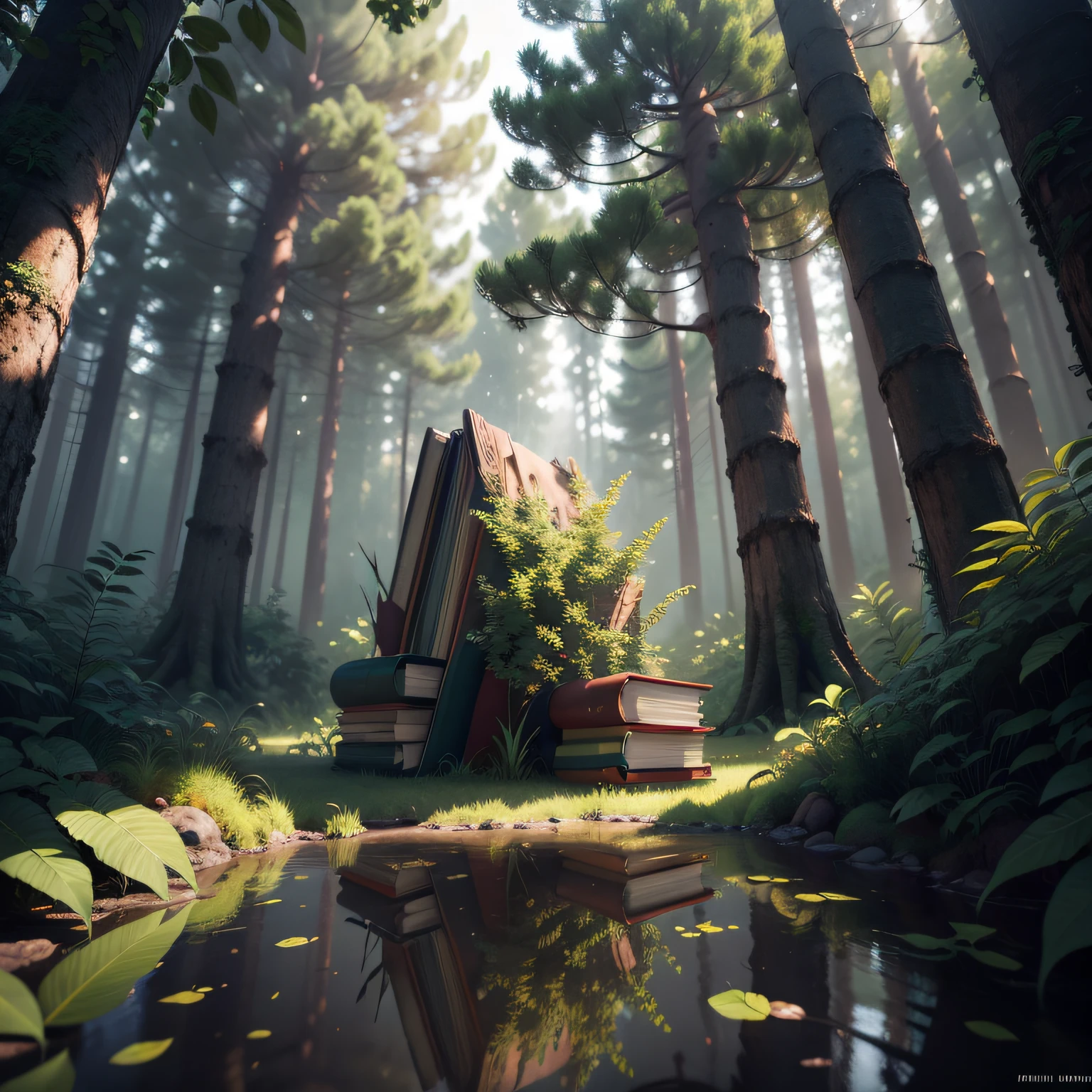 forest, A masterpiece, the best quality, impressive reflections, the best reflections of all time. (very detailed 8k CG unit wallpapers), (better quality), (best illustrations), (best shadows), forest theme with natural elements. Tall trees. Effects of bright particles, (natural elements), (jungle theme), (leaves), (branches), (delicate leaves), (brightness), (particle effects). , isometric 3D, octane rendering, ray tracing, super detailed. ((Fantasy)) ((Book cover))