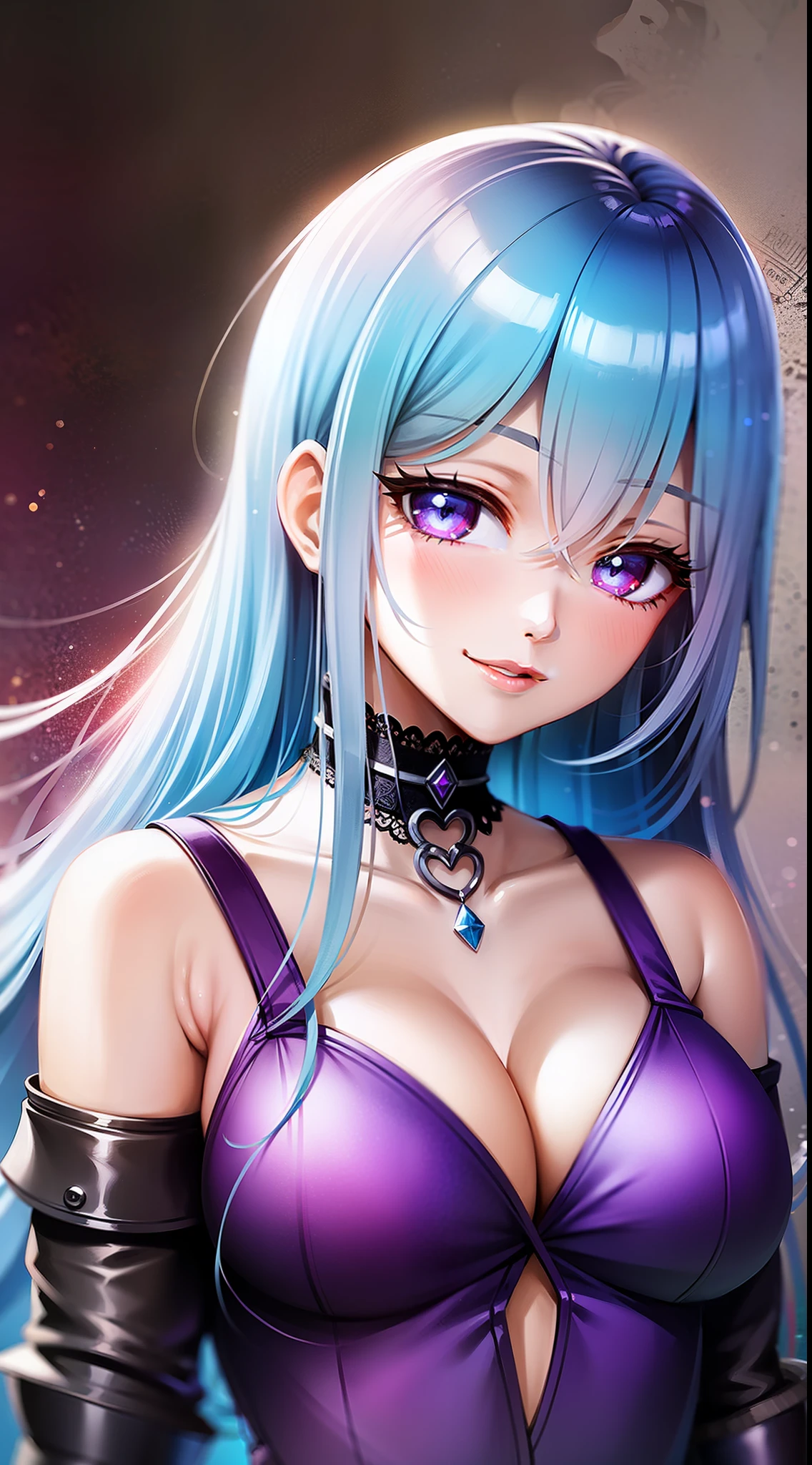 Young girl, long light blue hair, purple eyes, smirk, purple princess dress, chest neckline, masterpiece, high quality