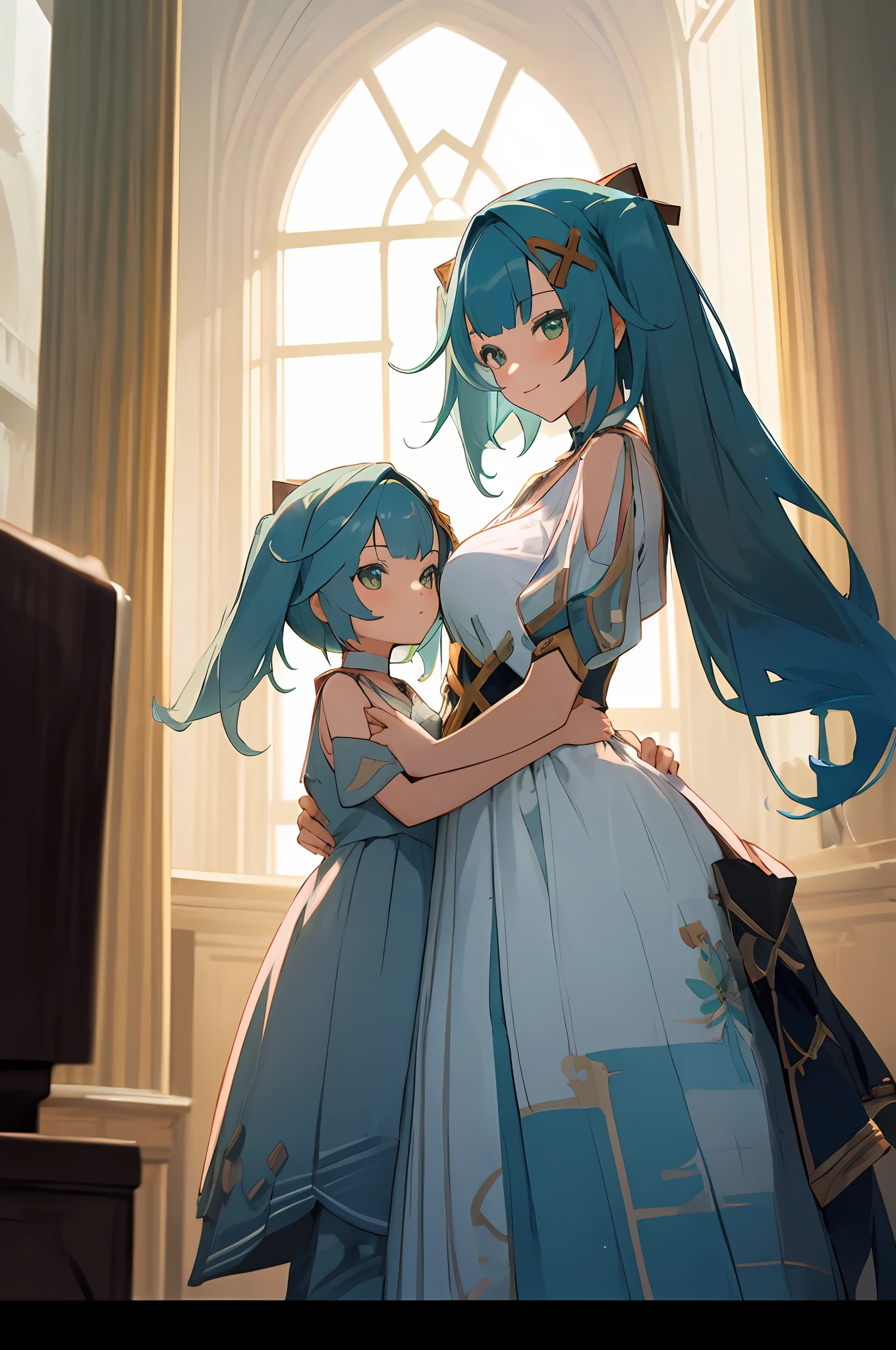 anime image of two women dressed in dress posing for a picture like arabic laboratory clothes in summer, beautiful decoration on dress, palace a girl in palace,long hair, blue haired , twintails, anime fantasy illustration, from the azur lane videogame, genshin, faruzan detailed art, two beautiful anime girls, mother and child, symbol of maternal love, mother and child, such as photos of mother and child, smile, machine laboratory, ruin, robotic machine, machine, Ruin Guard