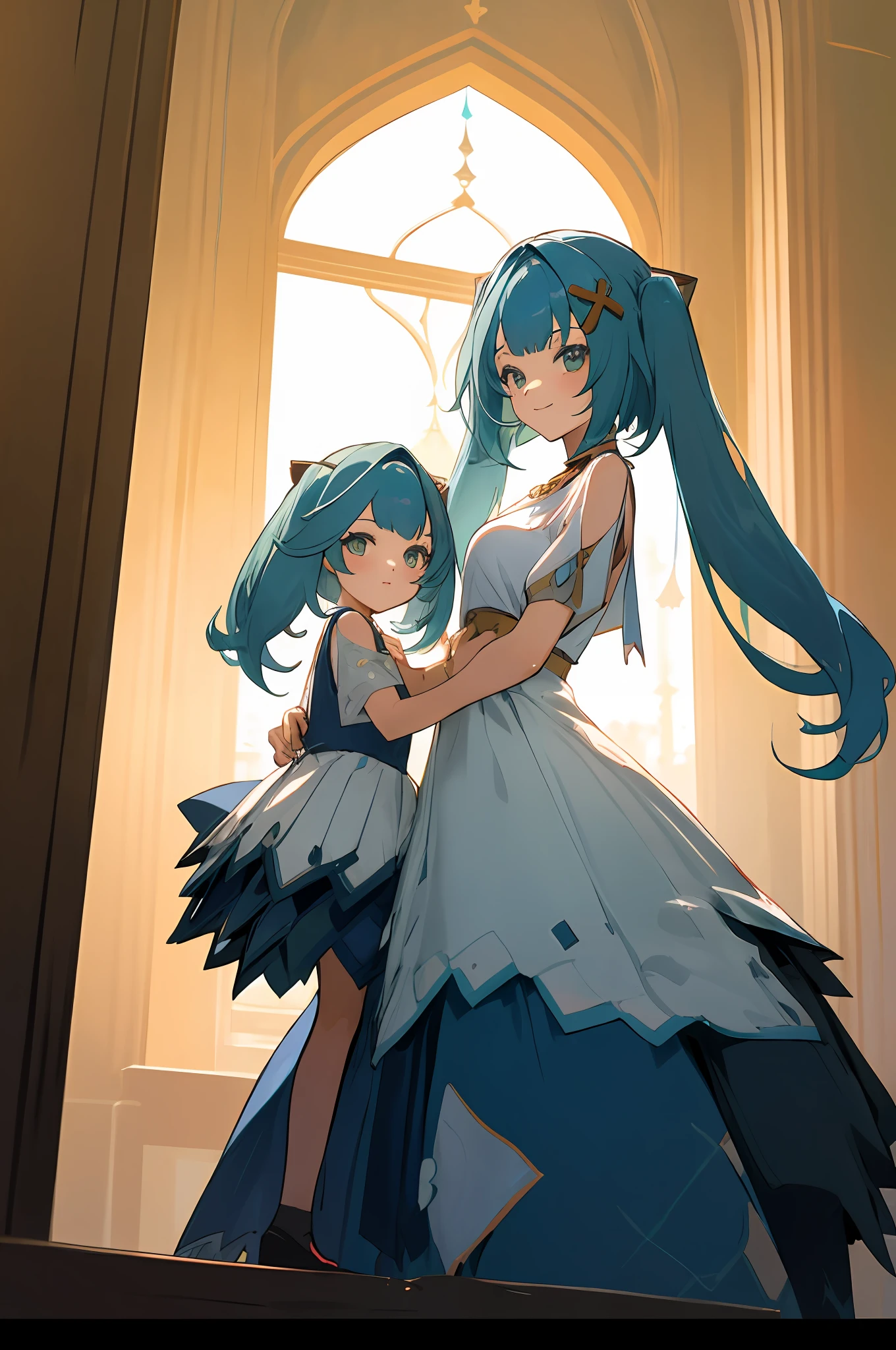 anime image of two women dressed in dress posing for a picture like arabic laboratory clothes in summer, beautiful decoration on dress, palace a girl in palace,long hair, blue haired , twintails, anime fantasy illustration, from the azur lane videogame, genshin, faruzan detailed art, two beautiful anime girls, mother and child, symbol of maternal love, mother and child, such as photos of mother and child, smile, machine laboratory, ruin, robotic machine, machine, Ruin Guard