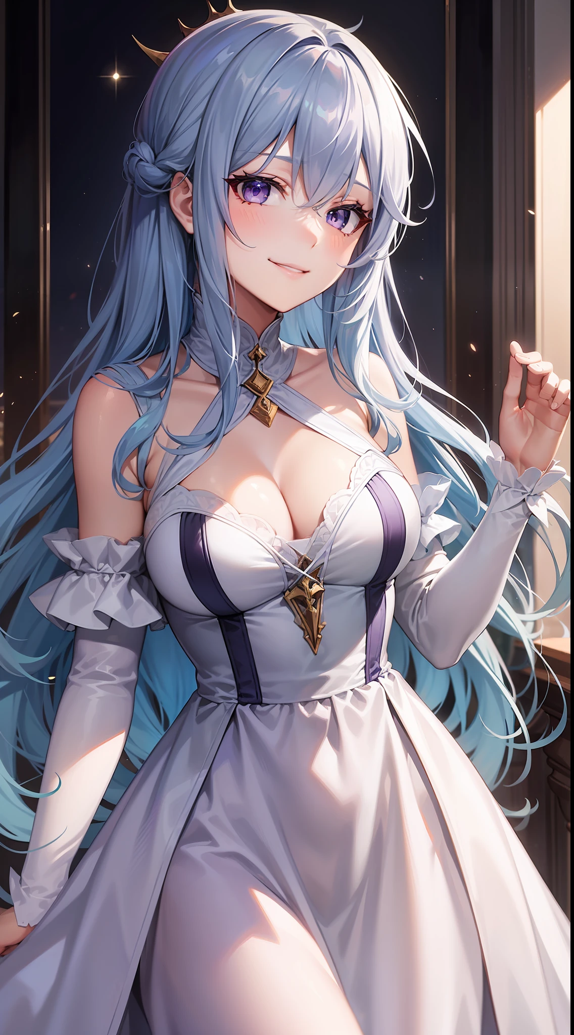 Young girl, long light blue hair, purple eyes, smirk, purple princess dress, chest neckline, masterpiece, high quality