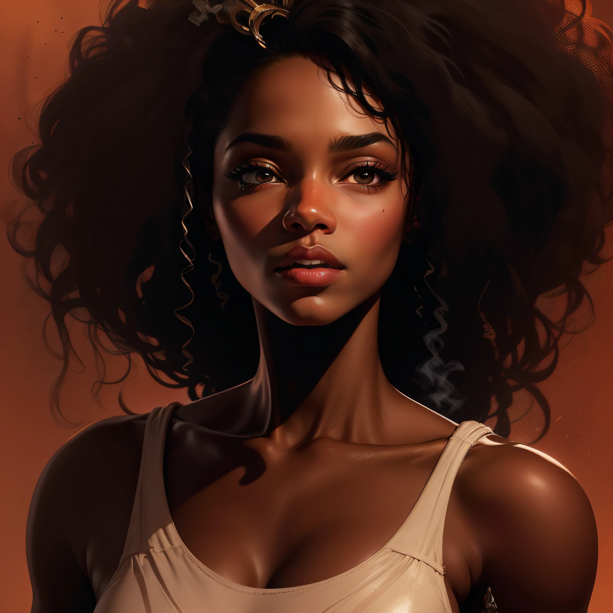 "Image Type: Digital Illustration\n\nDescription: A beautiful black woman with strong and delicate features. Her deep brown eyes are the highlight, reflecting mystery and intensity. Her eyelashes are long, further enhancing the striking look. Her lips are full and delicate, with light tones that contrast with her skin. Her hair is large, in a revolting style, with a brownish hue. Her bust is plentiful and well defined, conveying confidence and beauty. The scene depicts a smoky environment, with embers floating in the air next to the smoke, creating an enigmatic and seductive atmosphere." "art_styles": "surrealism, realism", "art_inspirations": "Ernie Barnes, Kerry James Marshall," "camera": "N/A", "shot": "close-up", "render_related_information": "Use vibrant, contrasting colors to highlight a woman's beauty and create a powerful visual impact. The details of the facial features must be accurately portrayed, capturing the expressiveness and personality of the character. The smoke and embers should be represented in detail, with realistic textures and shades. The lighting should be soft and diffuse, creating an engaging and mysterious mood. The final image should convey the strength, beauty and mystery of this stunning black woman." --auto