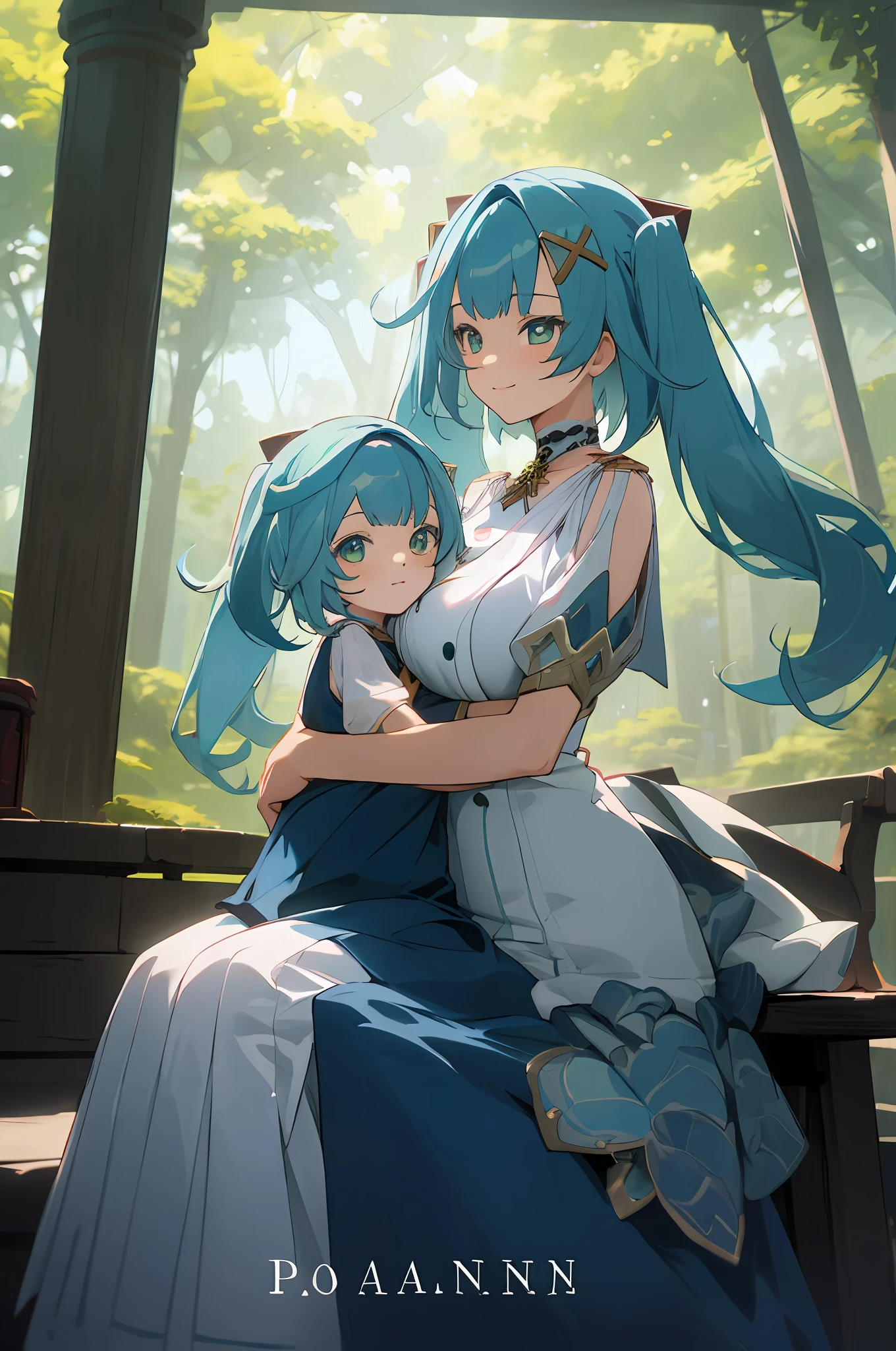 anime image of two women dressed in dress posing for a picture like arabic laboratory clothes in summer, beautiful decoration on dress, palace a girl in palace,long hair, blue haired , twintails, anime fantasy illustration, from the azur lane videogame, genshin, faruzan detailed art, two beautiful anime girls, mother and child, symbol of maternal love, mother and child, such as photos of mother and child, smile, sitting in the middle of the forest, ruin, robotic machine, machine, book on the side
