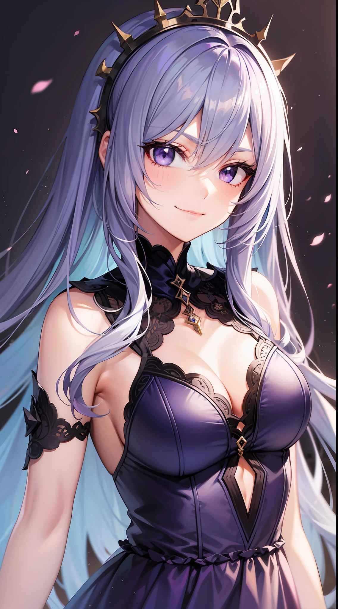Young girl, long light blue hair, purple eyes, smirk, purple princess dress, chest neckline, masterpiece, high quality