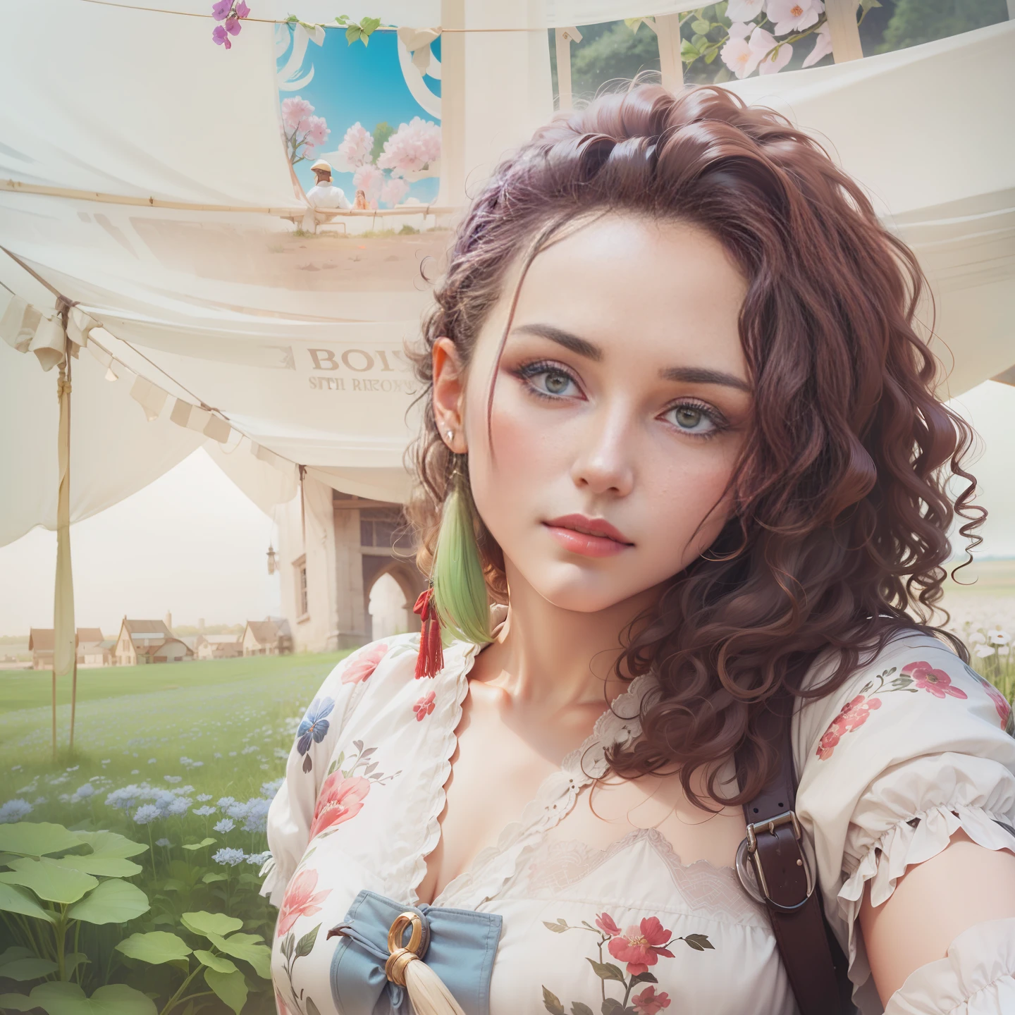 Medieval peasant-style clothing, curly hair of type 3B, in a field of flowers. --auto
