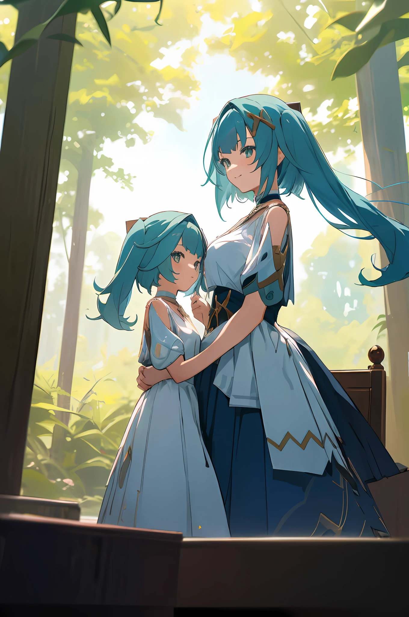 anime image of two women dressed in dress posing for a picture like arabic laboratory clothes in summer, beautiful decoration on dress, palace a girl in palace,long hair, blue haired , twintails, anime fantasy illustration, from the azur lane videogame, genshin, faruzan detailed art, two beautiful anime girls, mother and child, symbol of maternal love, mother and child, such as photos of mother and child, smile, sitting in the middle of the forest, ruin, robotic machine, machine, book on the side