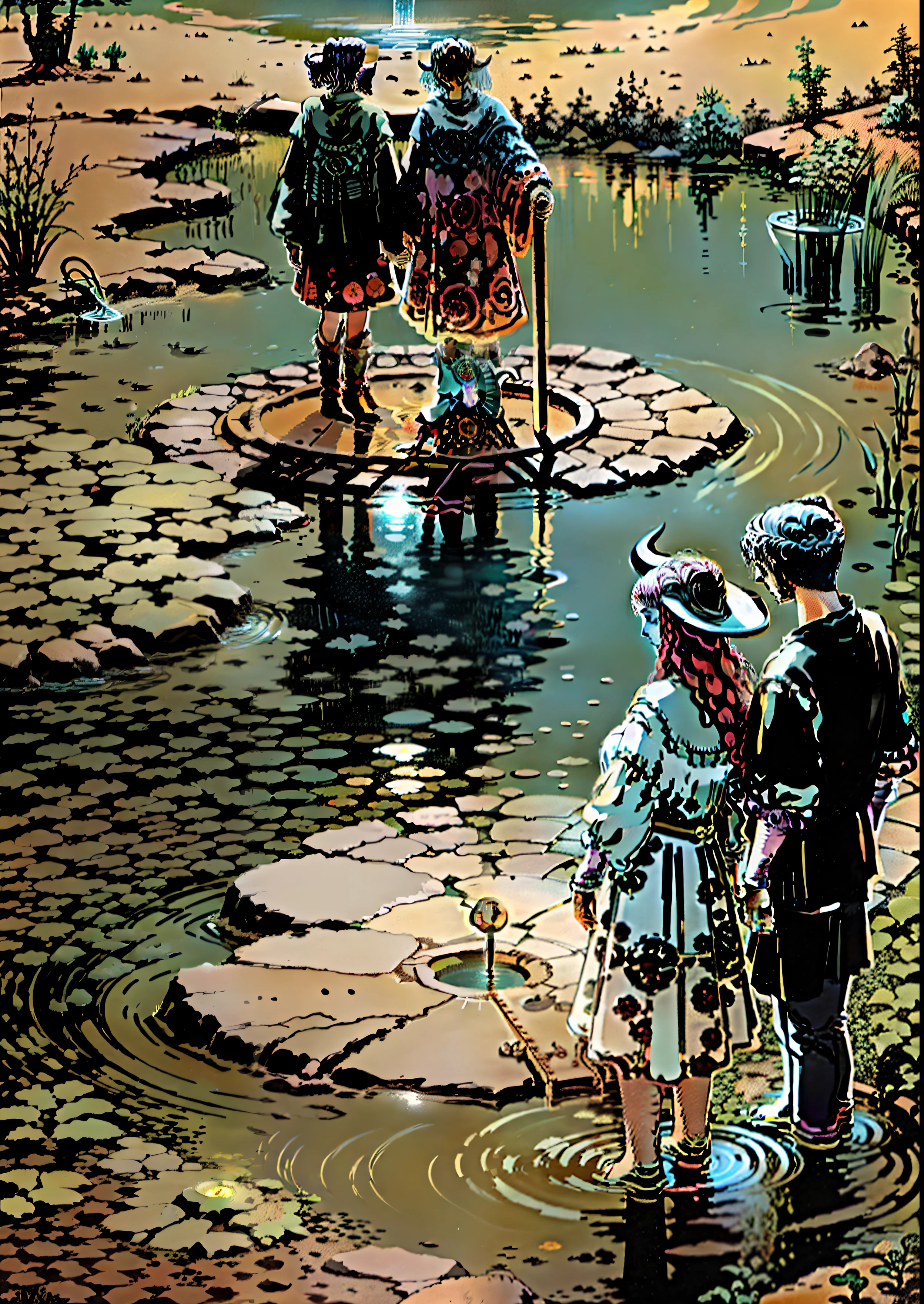 Make a tarot-style picture of a couple, and then show their two faces, standing on a waterhole, the shadow under the couple is a demon, and above the waterhole are ordinary humans, and the reflection of the water is a demon