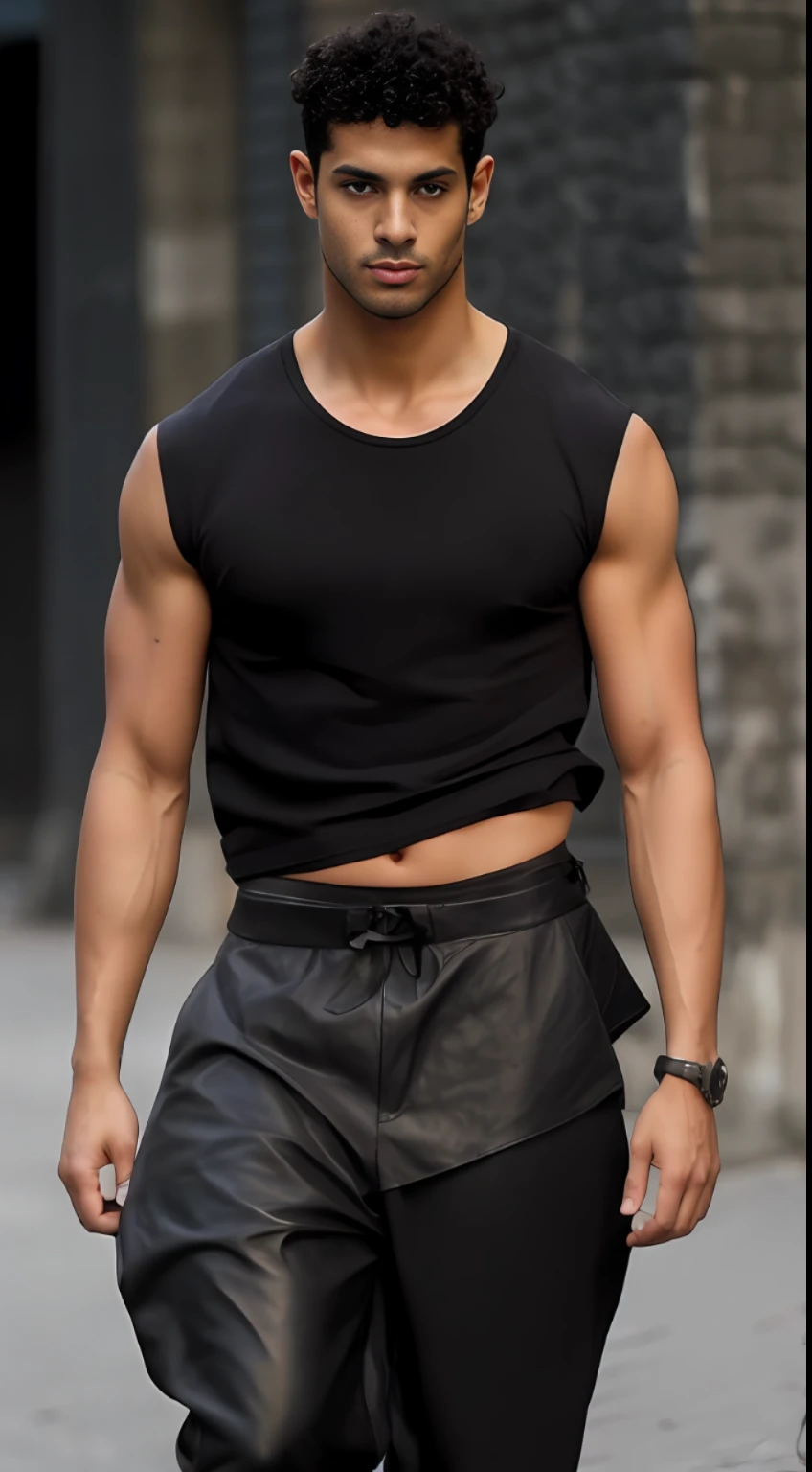 arafed man in black shirt and leather pants walking down a street, wearing a cropped black tank top, wearing a black cropped tank top, wearing a sexy cropped top, wearing a muscle tee shirt, tight black tanktop, crop shirt and strong abs, strong masculine features, lean man with light tan skin, tight black tank top and shorts, wearing a cropped top