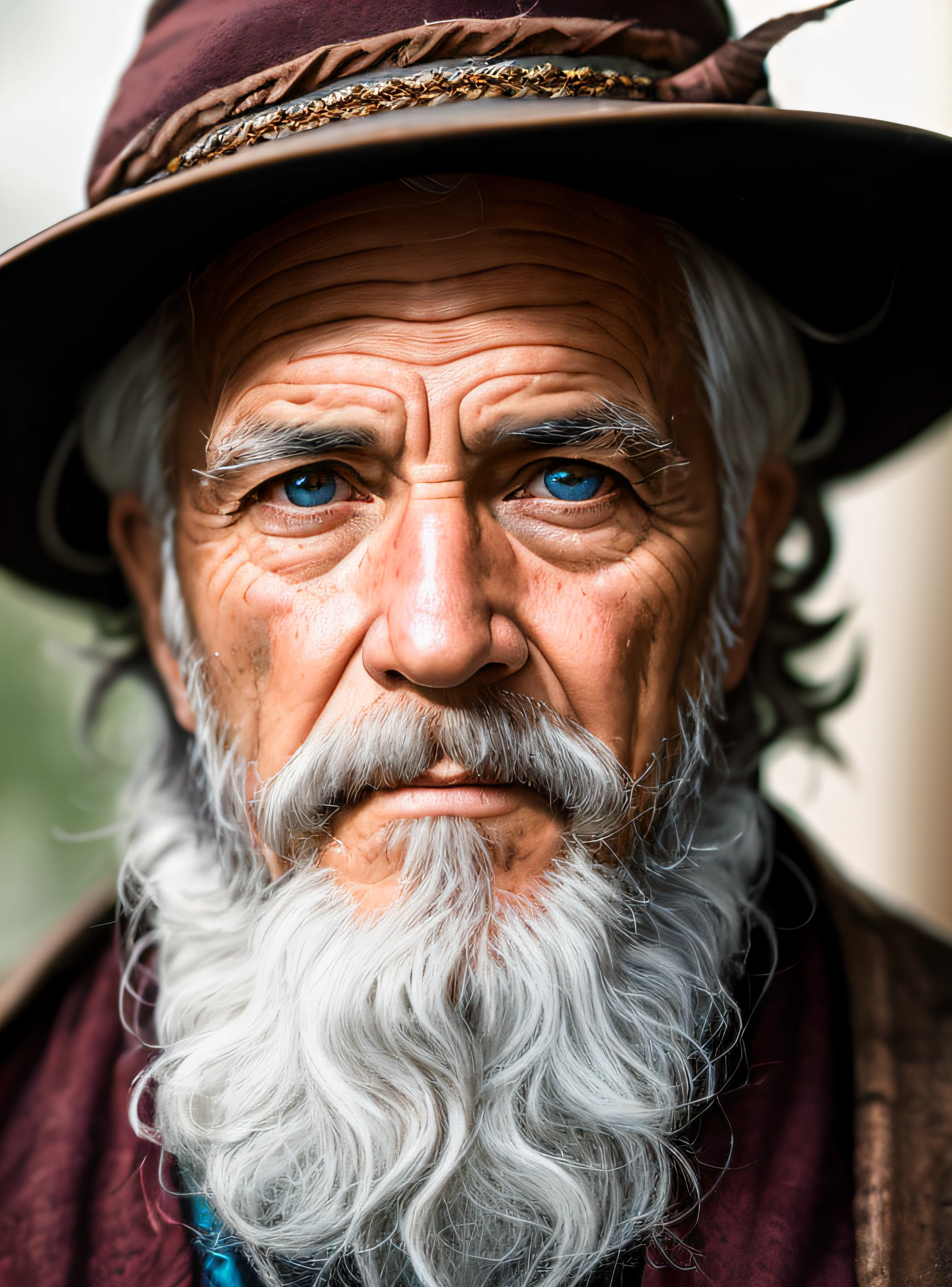 A portrait of a wizard, bearded, wrinkled, weathered, with piercing eyes, detailed face, high details, photography, natural light, Nikon D850, 50mm, f/1.4